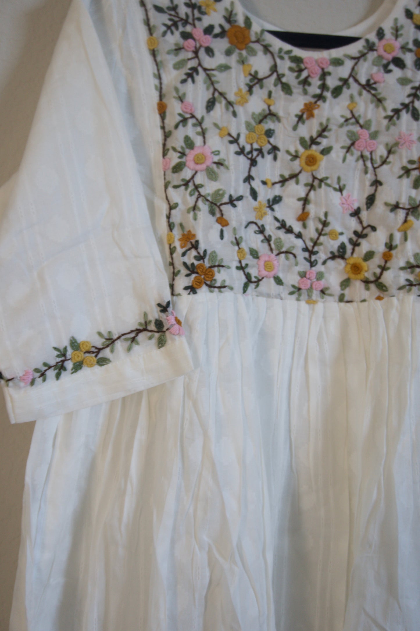White Cotton Weaving One Piece Dress with Hand Embroidery Work