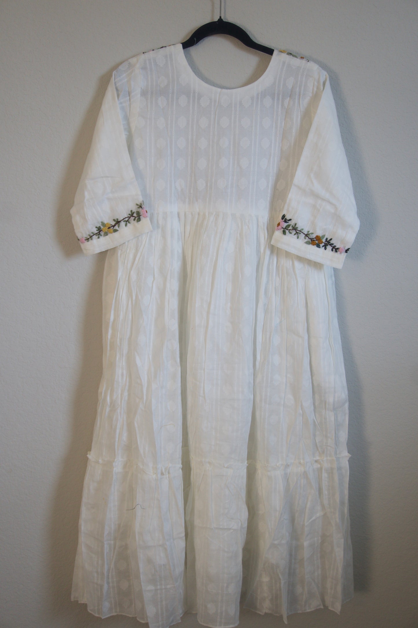 White Cotton Weaving One Piece Dress with Hand Embroidery Work