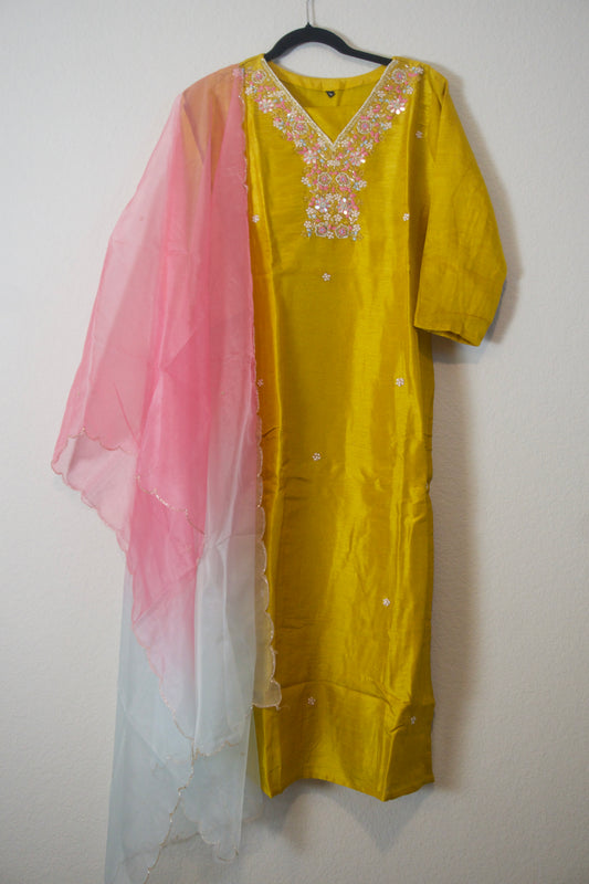 Mustard shade dola silk designer handwork kurti set with dual shade organza dupatta