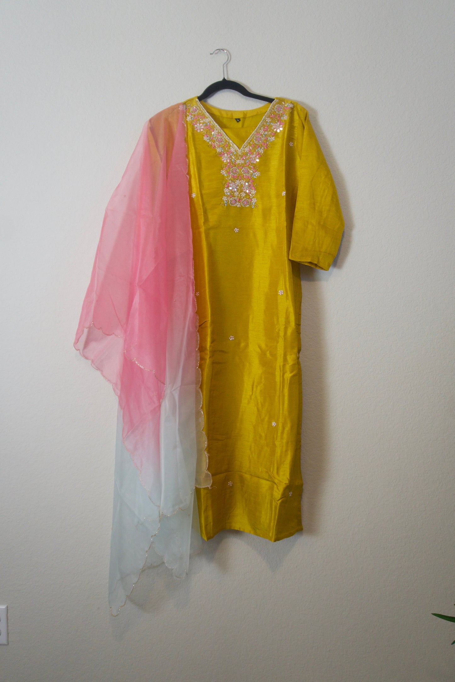 Mustard shade dola silk designer handwork kurti set with dual shade organza dupatta