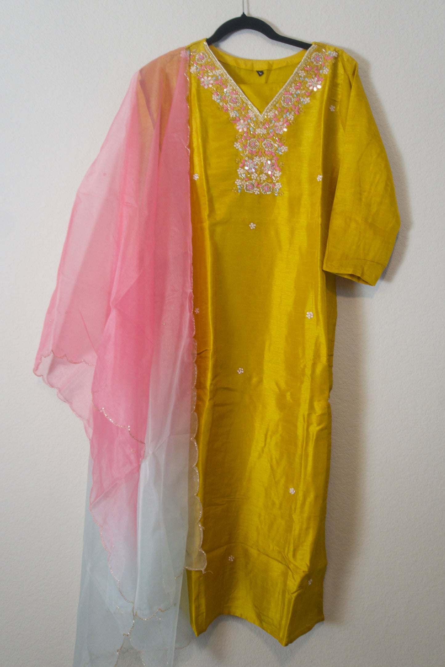 Mustard shade dola silk designer handwork kurti set with dual shade organza dupatta