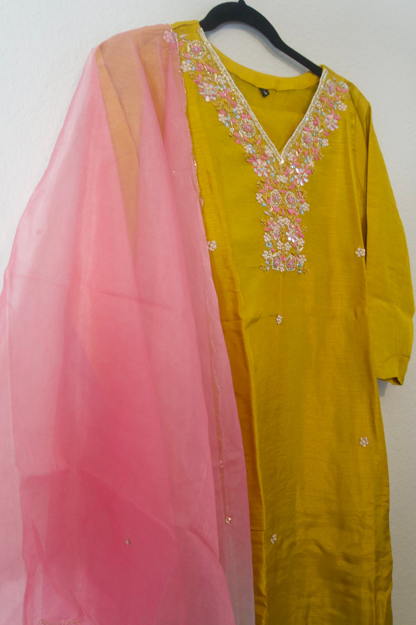 Mustard shade dola silk designer handwork kurti set with dual shade organza dupatta