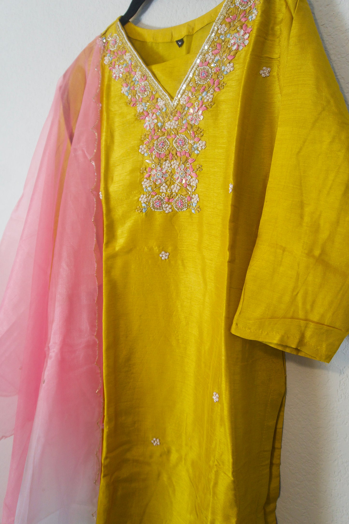 Mustard shade dola silk designer handwork kurti set with dual shade organza dupatta