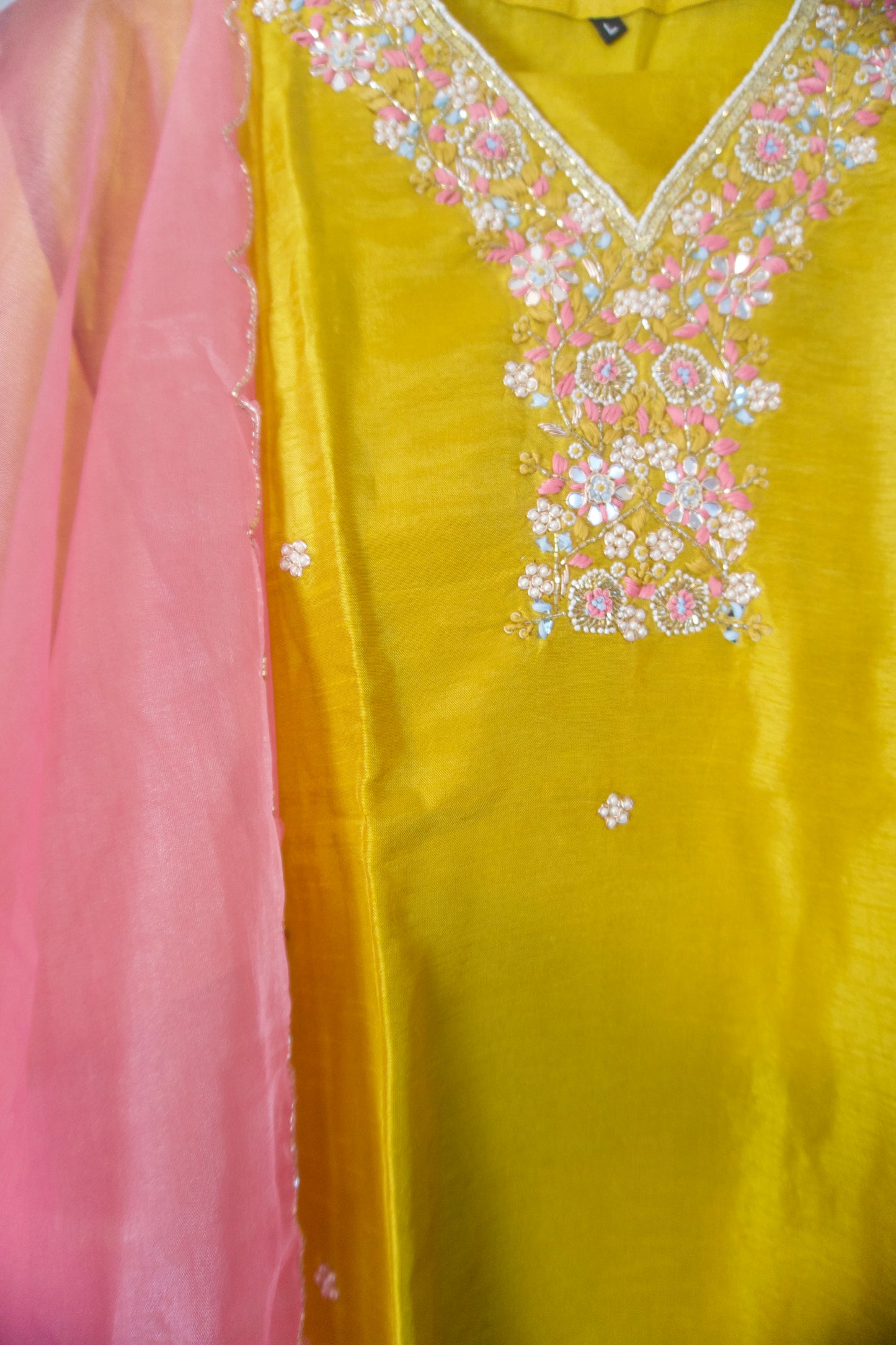 Mustard shade dola silk designer handwork kurti set with dual shade organza dupatta
