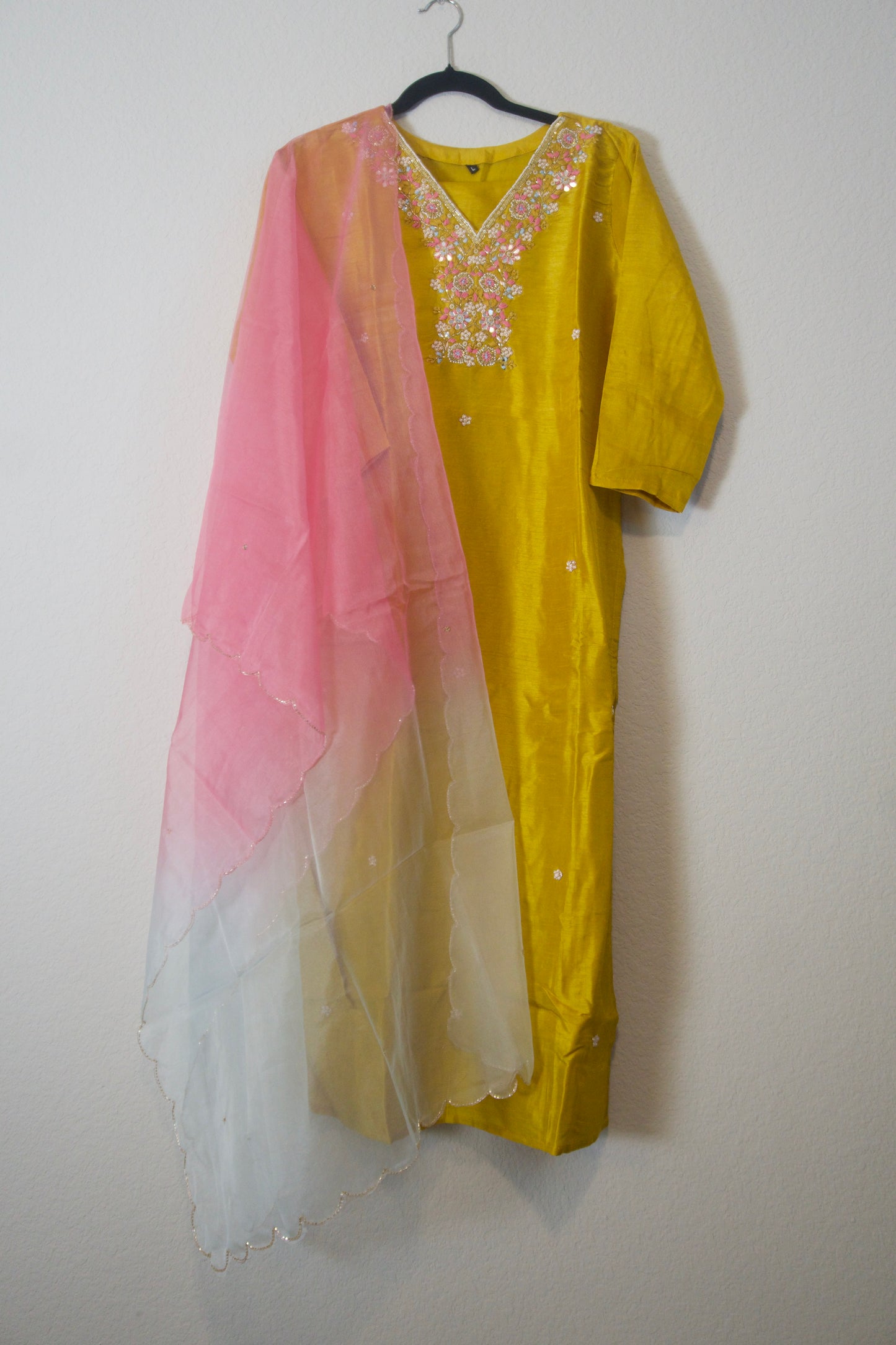 Mustard shade dola silk designer handwork kurti set with dual shade organza dupatta
