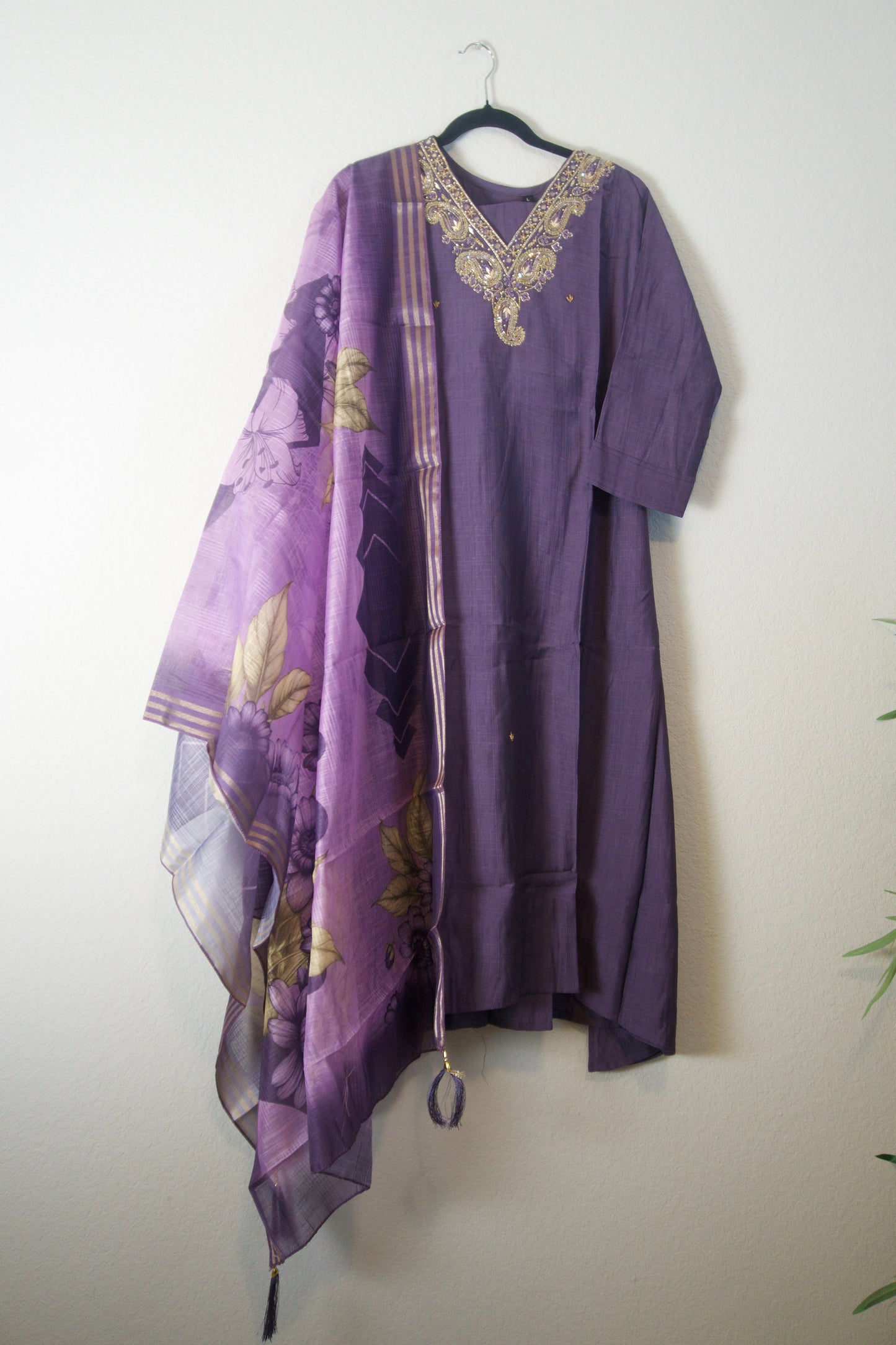Purple shade vatican silk handwork anarkali kurti set with floral dupatta