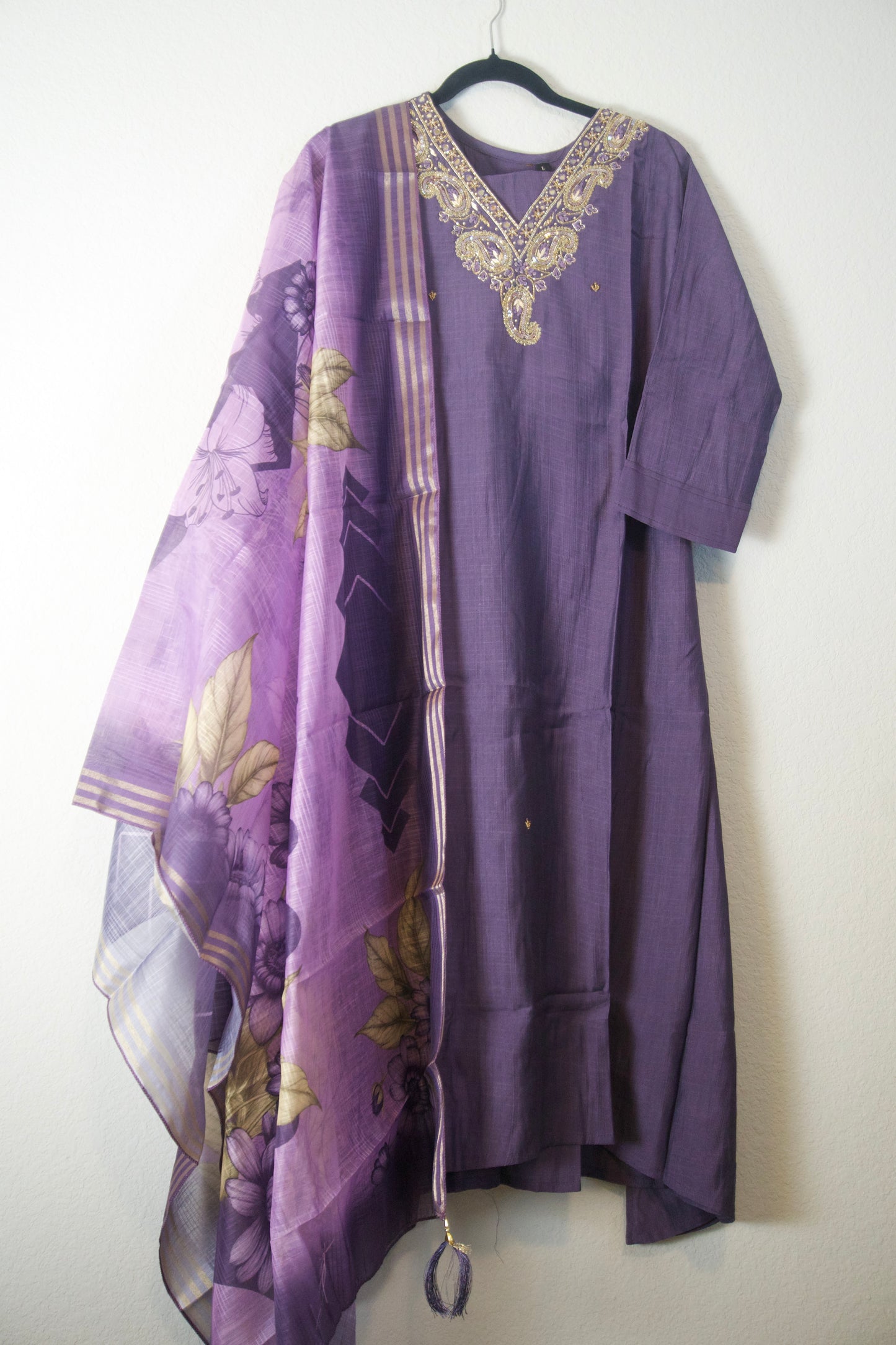 Purple shade vatican silk handwork anarkali kurti set with floral dupatta