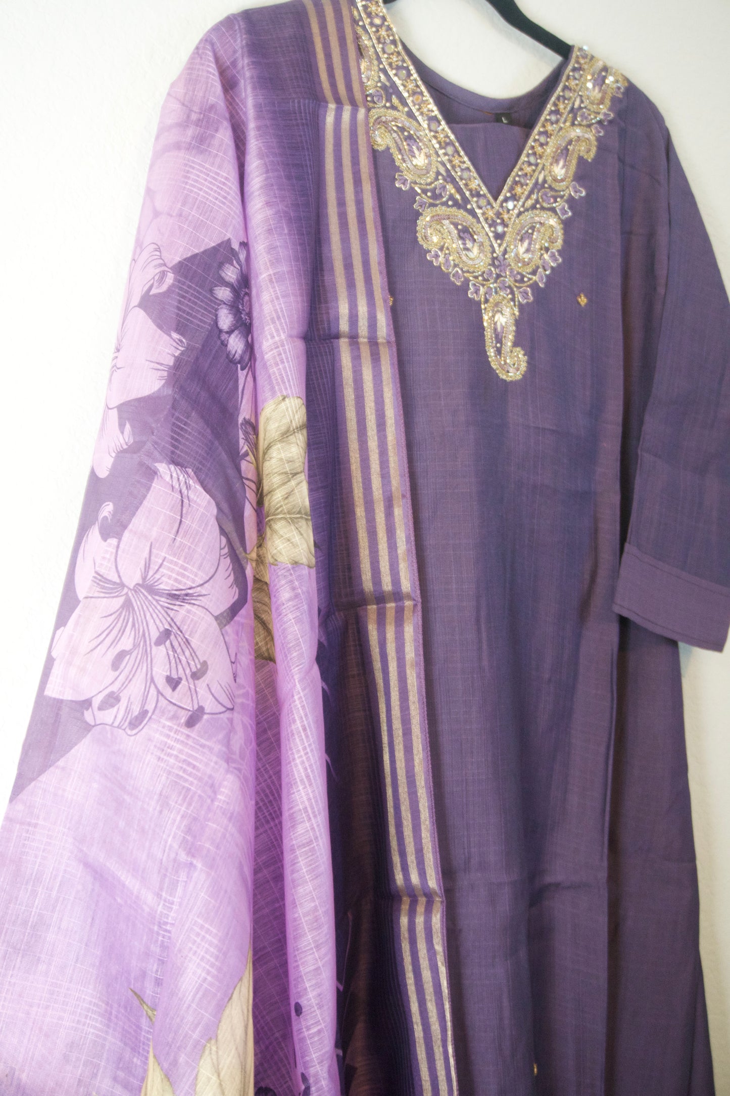 Purple shade vatican silk handwork anarkali kurti set with floral dupatta