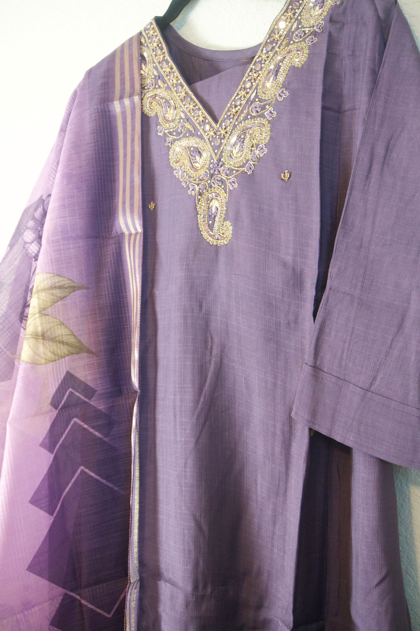 Purple shade vatican silk handwork anarkali kurti set with floral dupatta