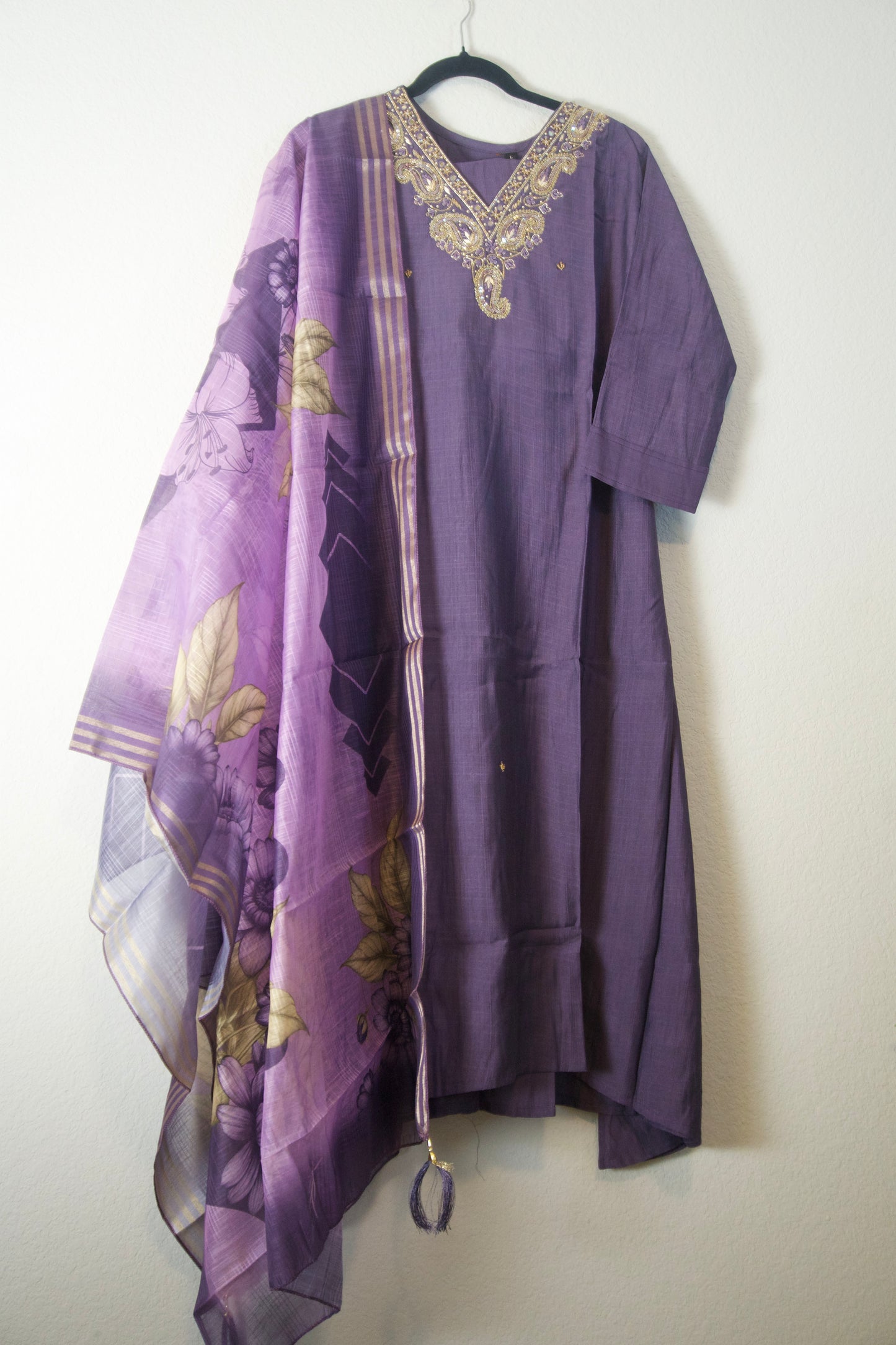 Purple shade vatican silk handwork anarkali kurti set with floral dupatta