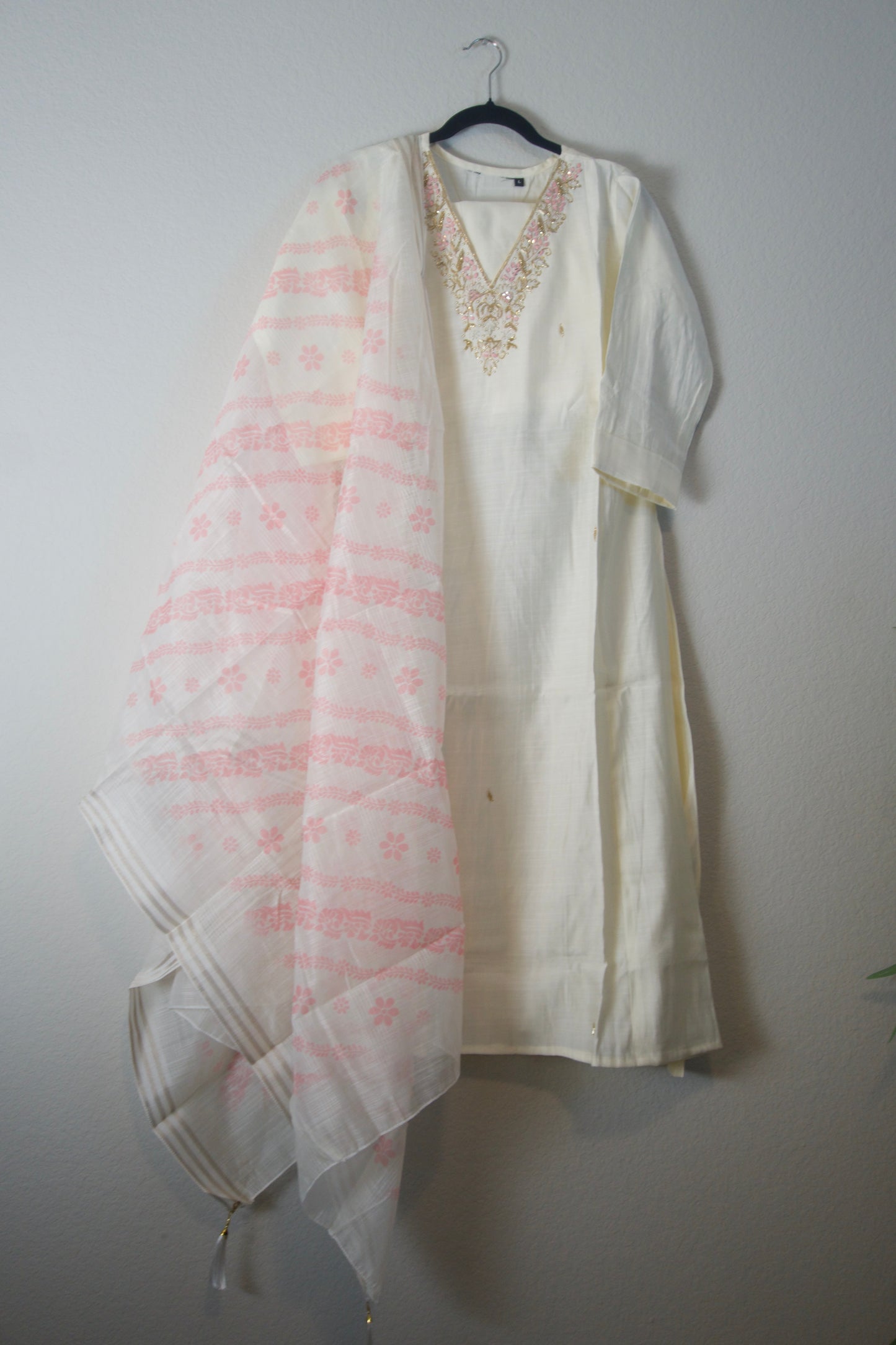 Ivory shade vatican silk handwork anarkali kurti set with floral dupatta