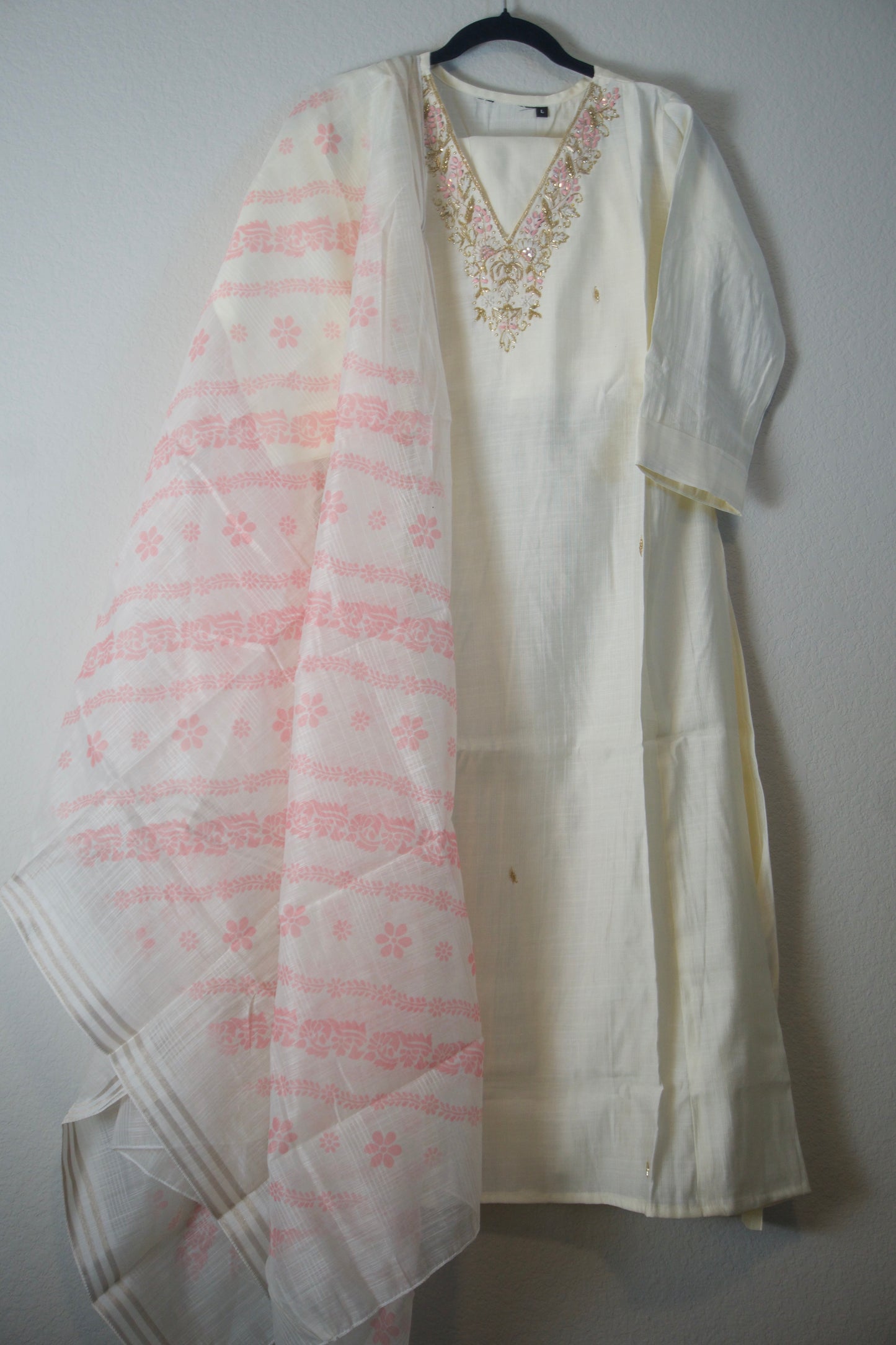 Ivory shade vatican silk handwork anarkali kurti set with floral dupatta