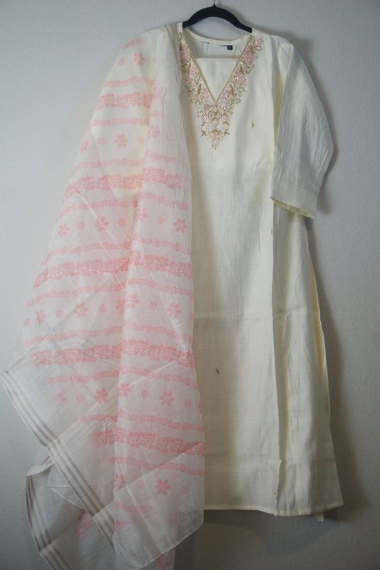 Ivory shade vatican silk handwork anarkali kurti set with floral dupatta