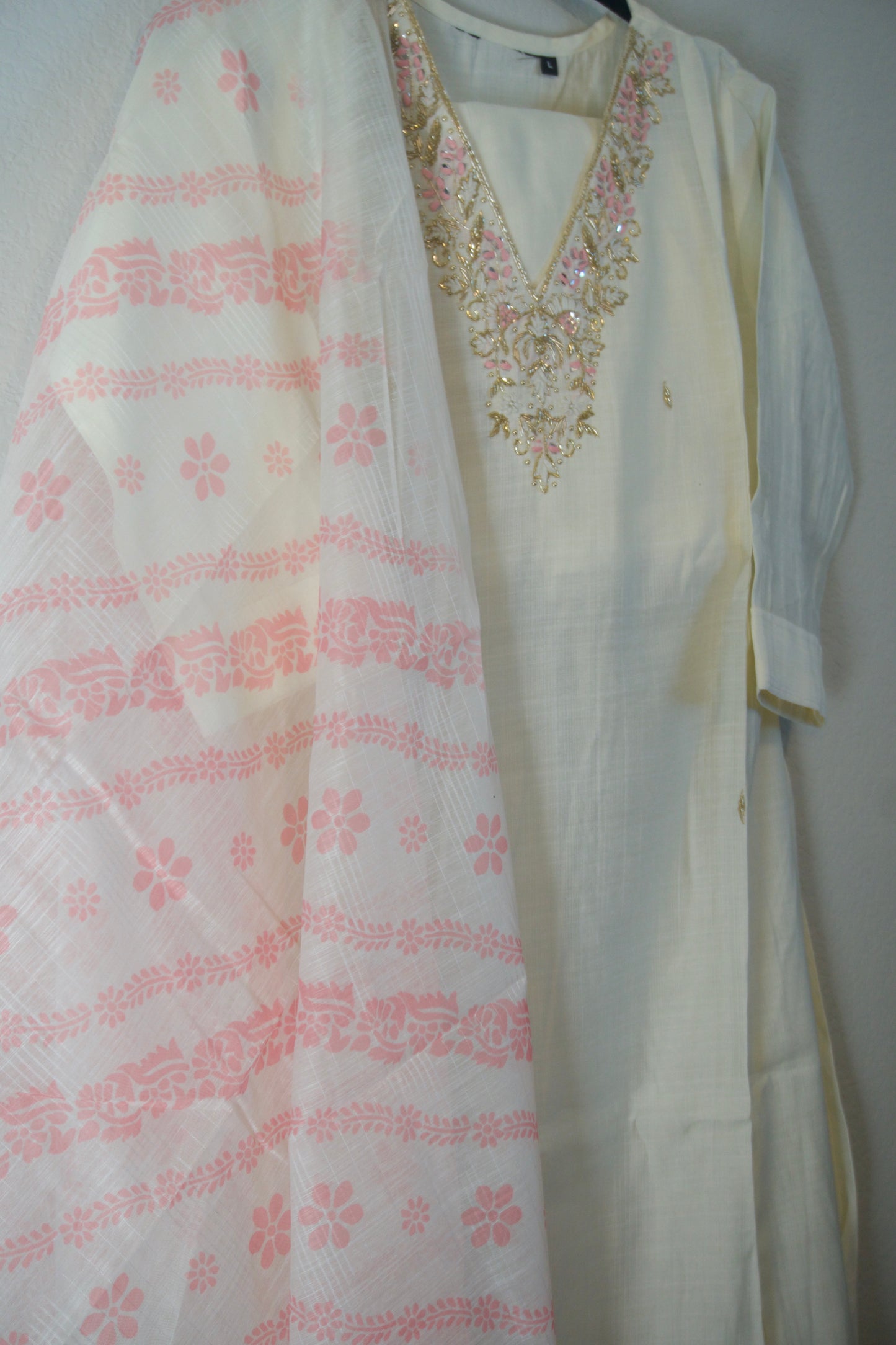 Ivory shade vatican silk handwork anarkali kurti set with floral dupatta