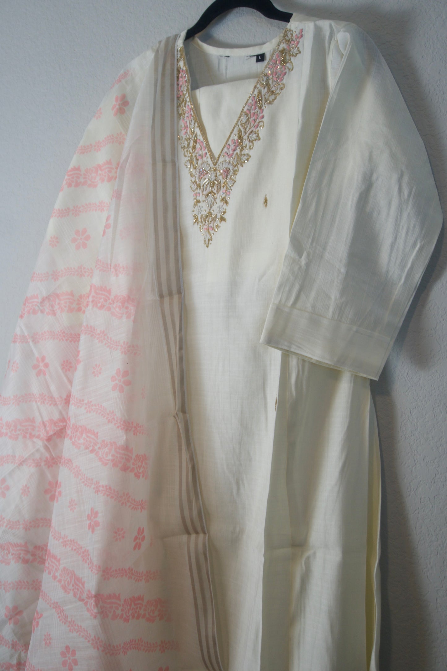 Ivory shade vatican silk handwork anarkali kurti set with floral dupatta
