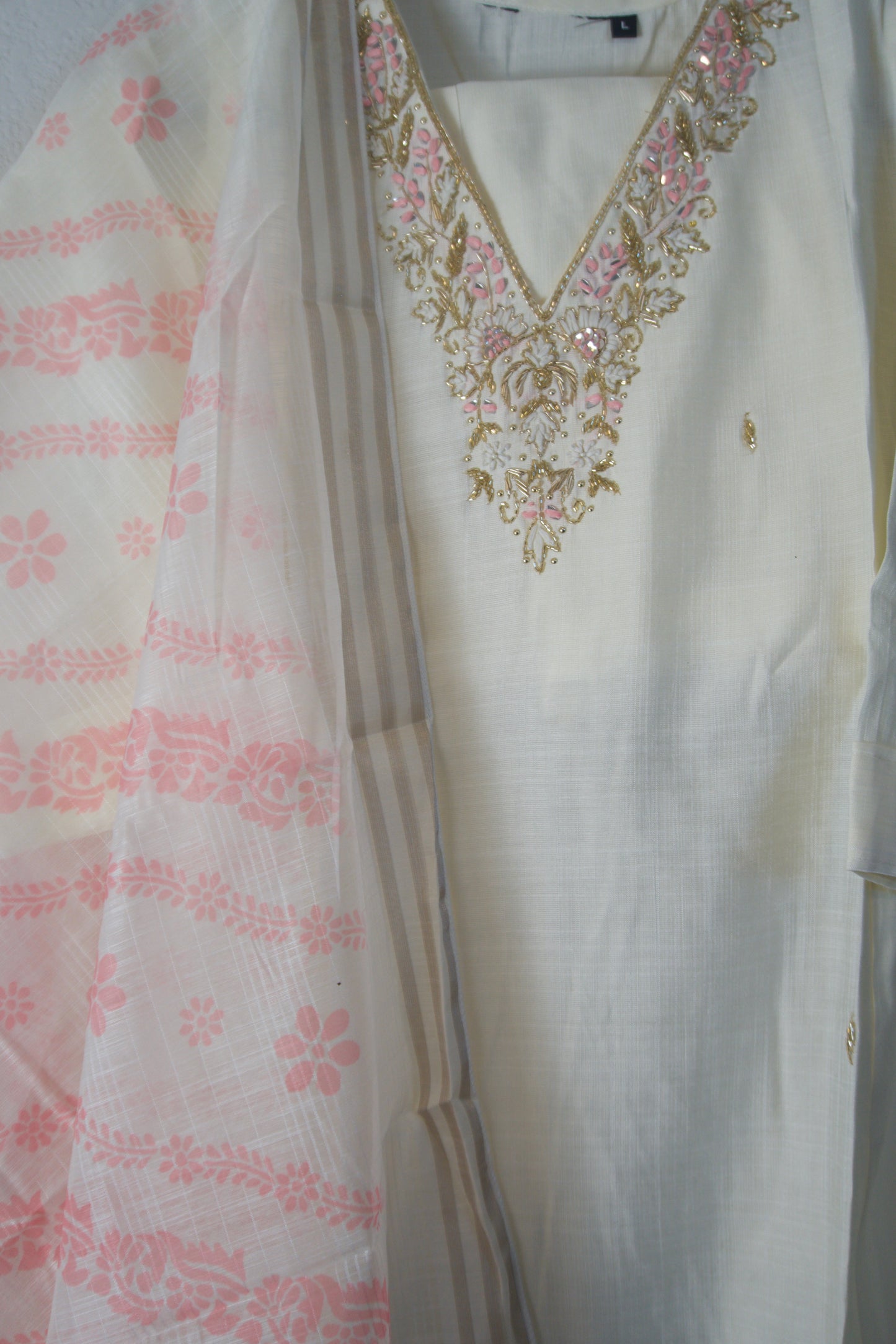 Ivory shade vatican silk handwork anarkali kurti set with floral dupatta