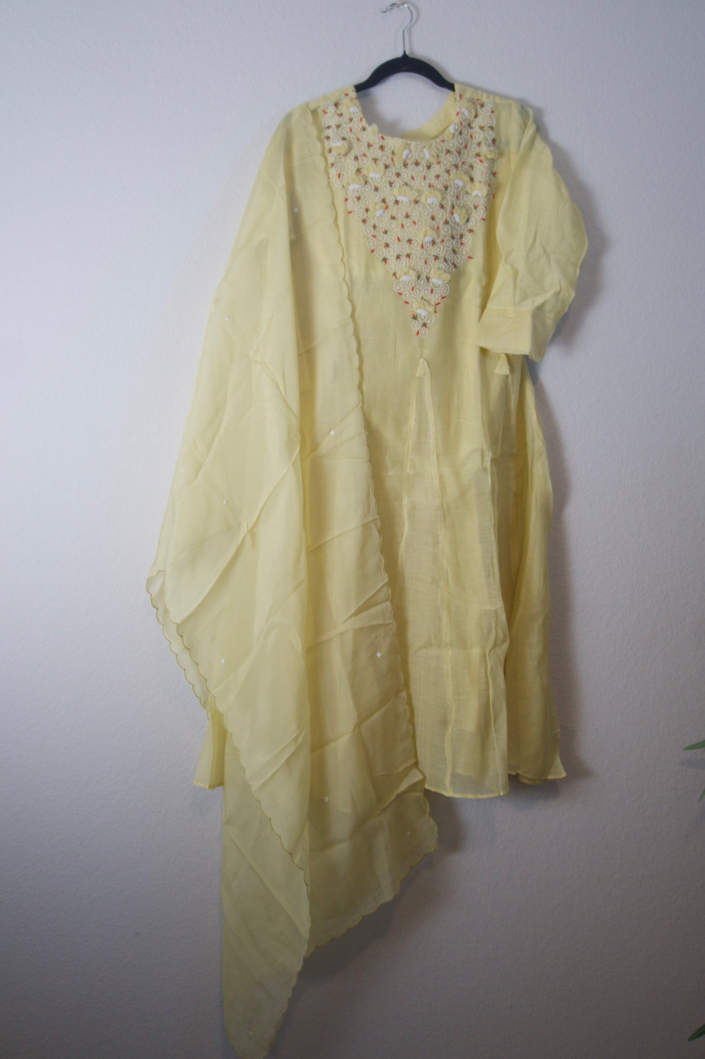 Pastel Yellow Mul Chanderi Kurti Set with Pearl Work and Organza Dupatta – Festive Indian Designer Suit