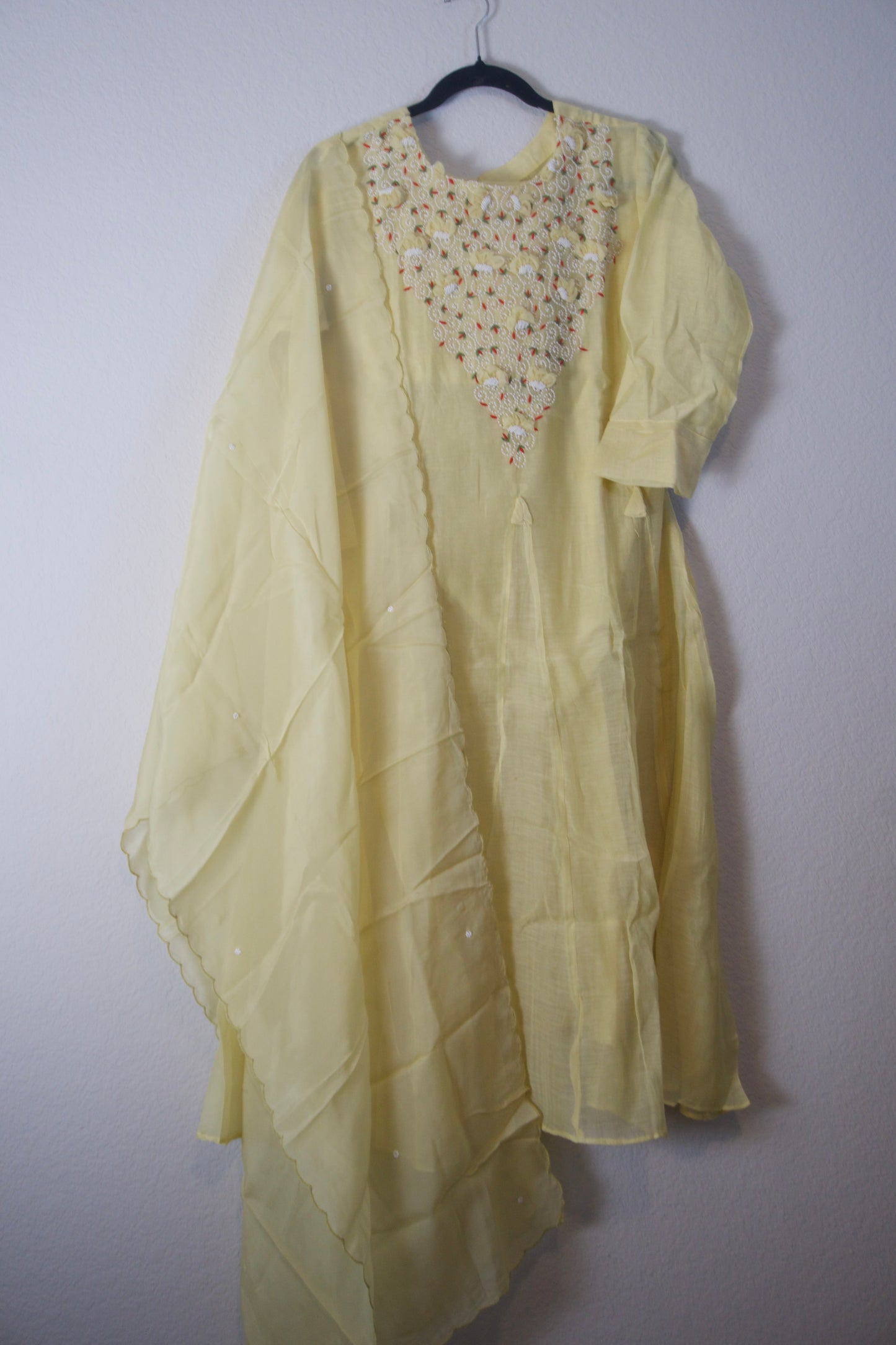 Pastel Yellow Mul Chanderi Kurti Set with Pearl Work and Organza Dupatta – Festive Indian Designer Suit