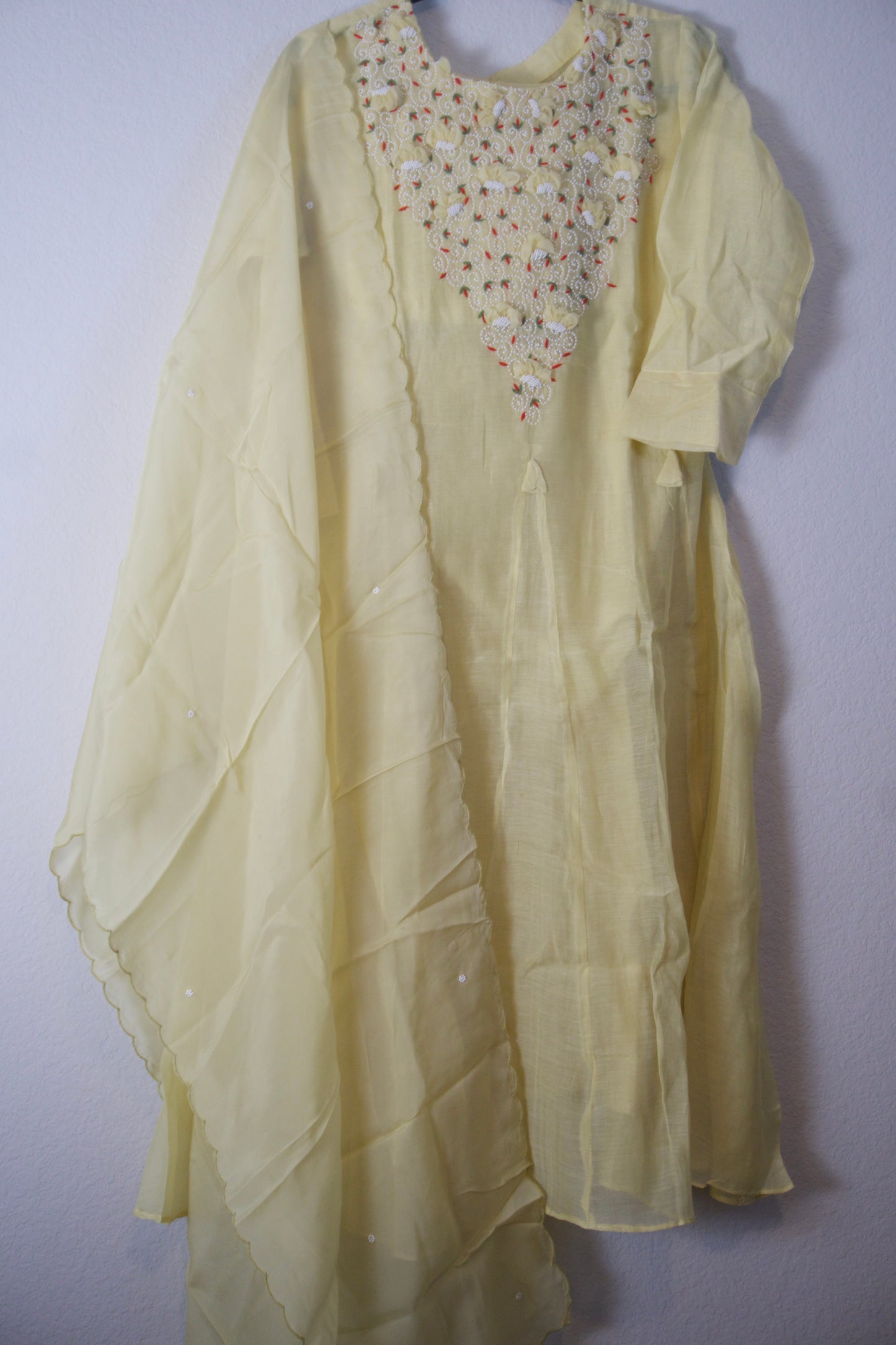 Pastel Yellow Mul Chanderi Kurti Set with Pearl Work and Organza Dupatta – Festive Indian Designer Suit