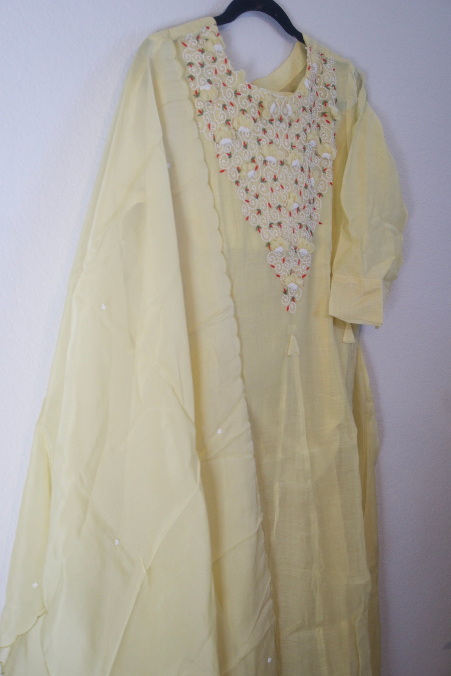 Pastel Yellow Mul Chanderi Kurti Set with Pearl Work and Organza Dupatta – Festive Indian Designer Suit