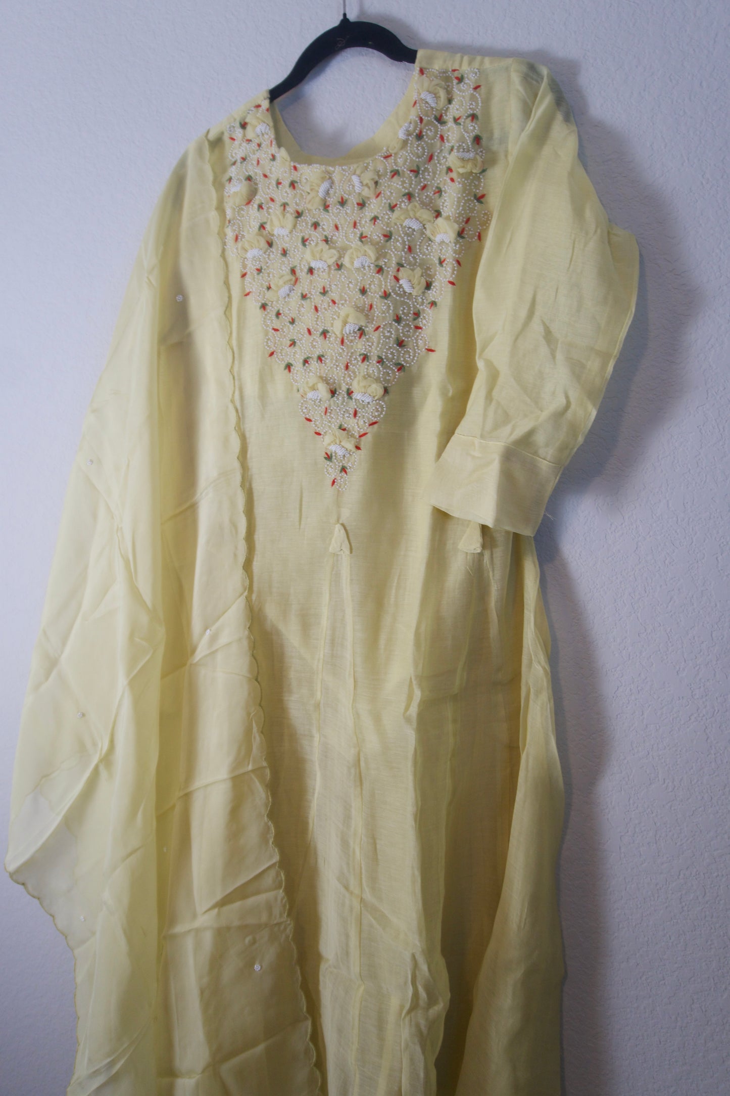 Pastel Yellow Mul Chanderi Kurti Set with Pearl Work and Organza Dupatta – Festive Indian Designer Suit