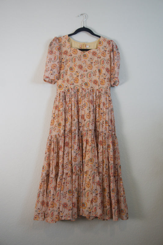 Biege Floral Georgette 3 tier frock with elbow sleeves