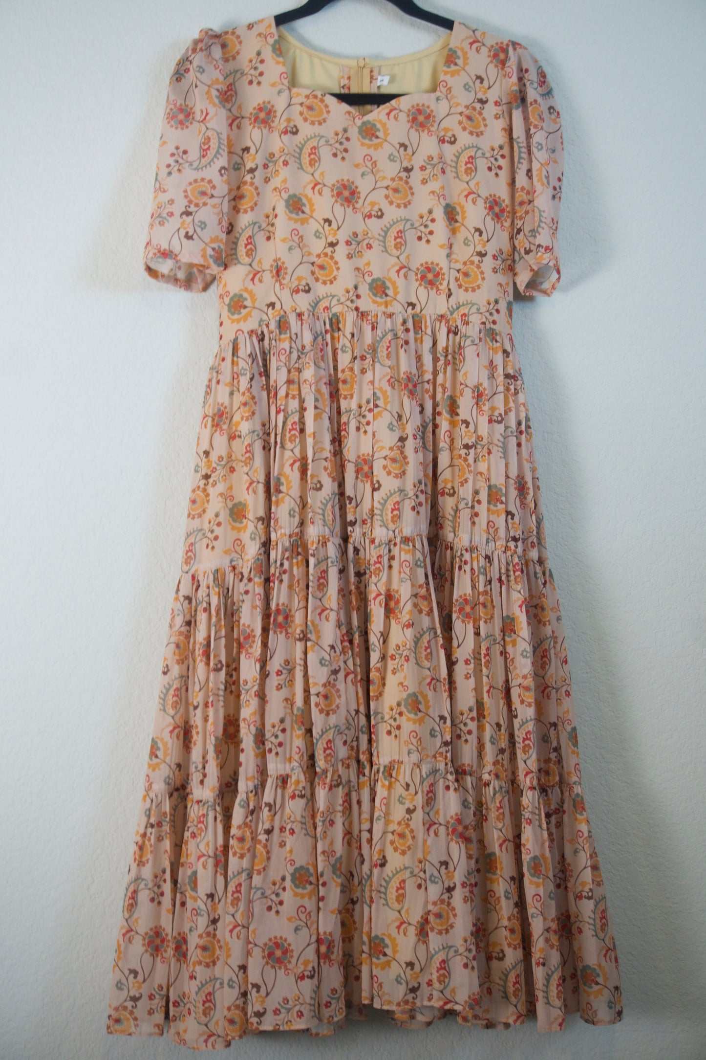 Biege Floral Georgette 3 tier frock with elbow sleeves