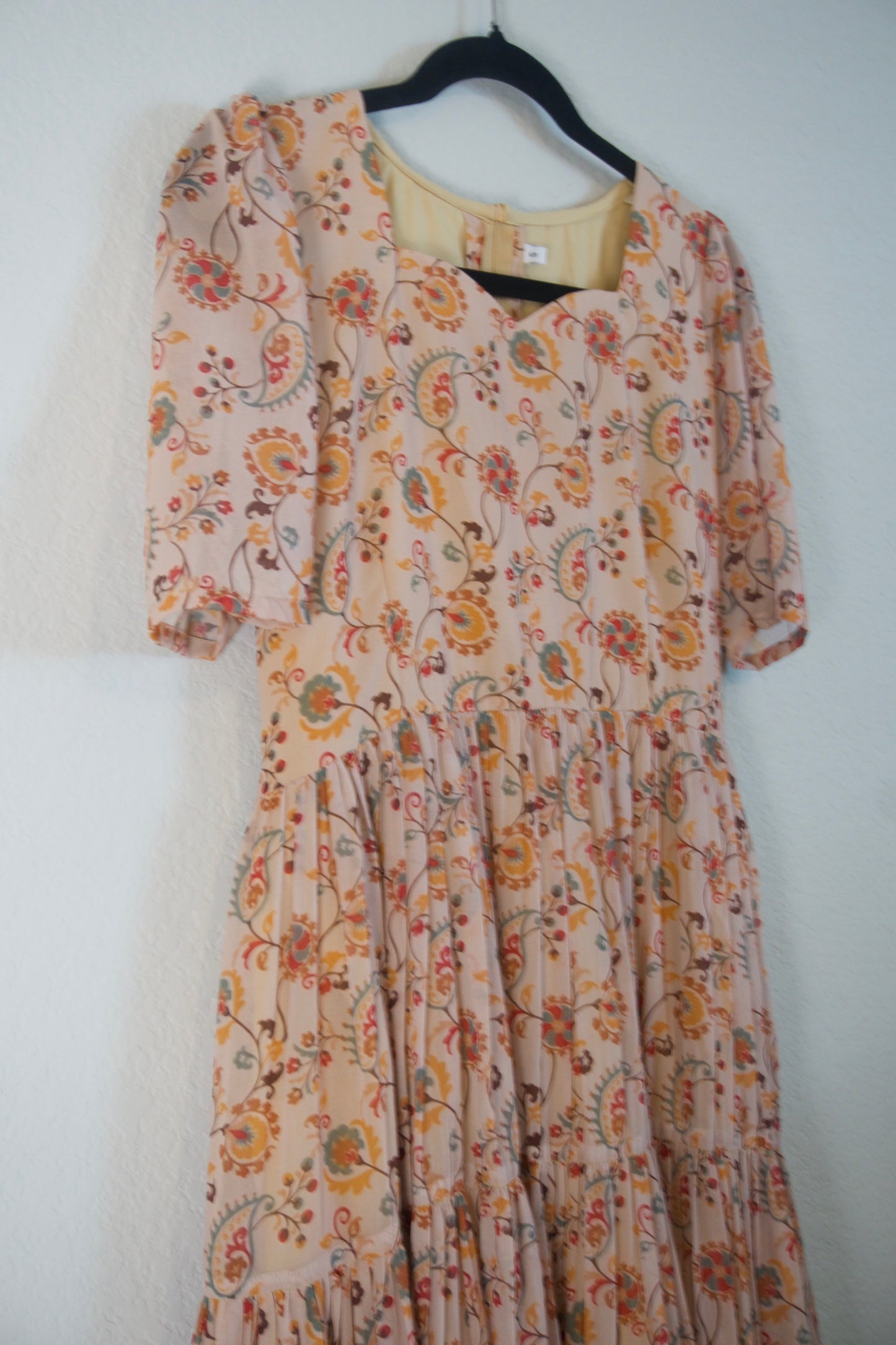Biege Floral Georgette 3 tier frock with elbow sleeves