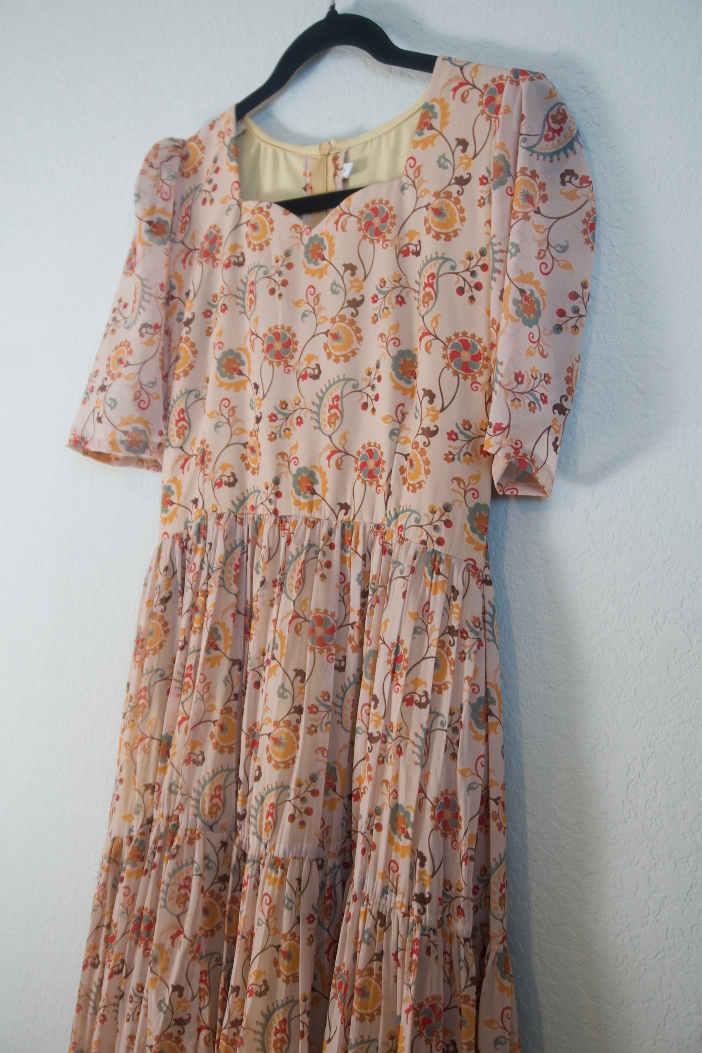 Biege Floral Georgette 3 tier frock with elbow sleeves