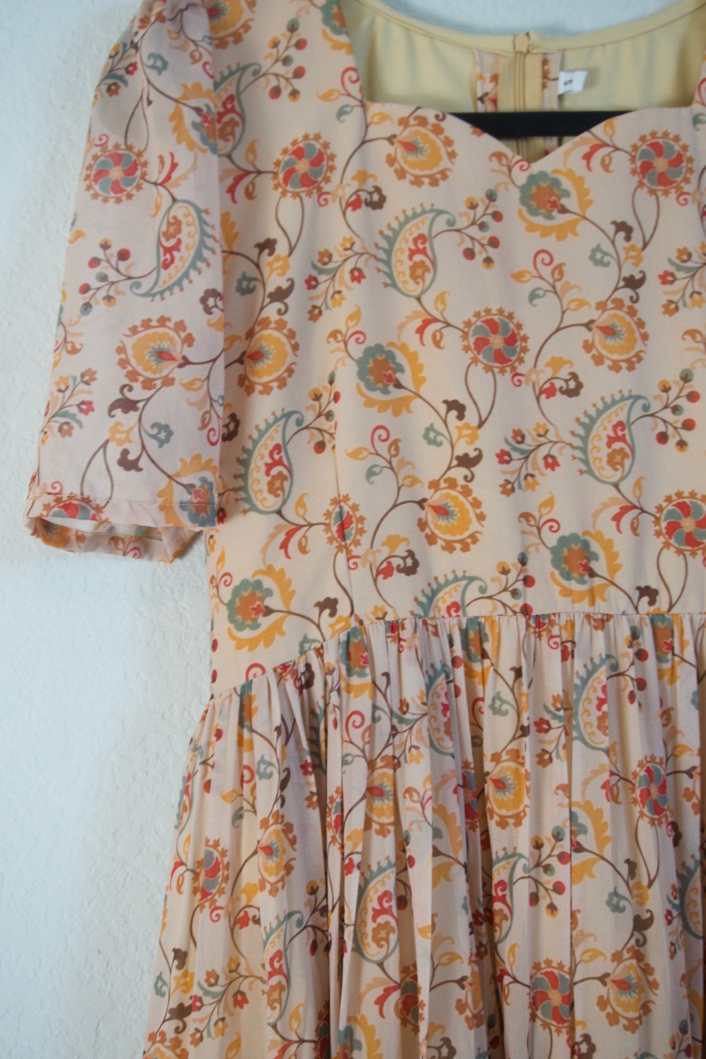 Biege Floral Georgette 3 tier frock with elbow sleeves