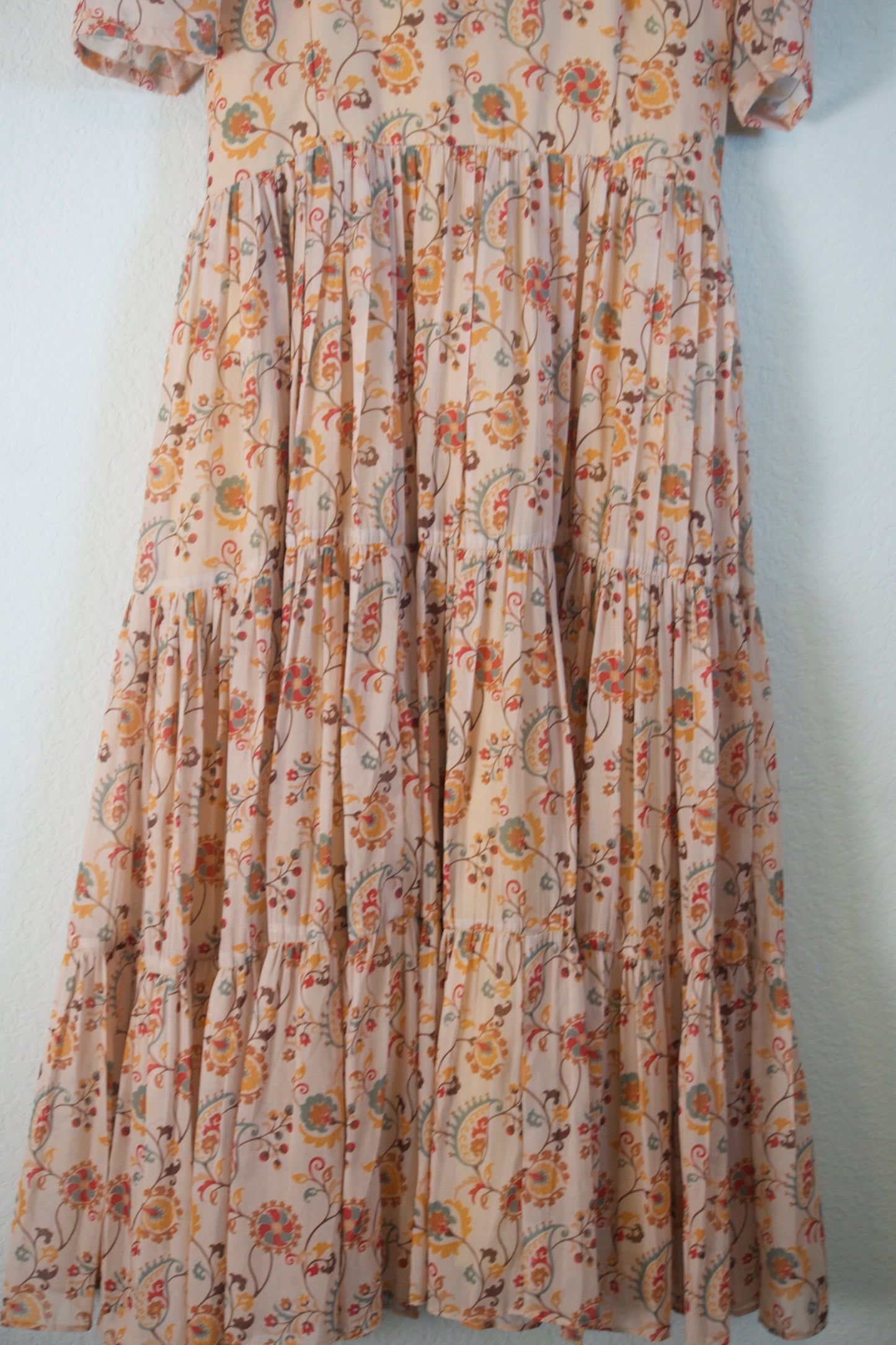 Biege Floral Georgette 3 tier frock with elbow sleeves