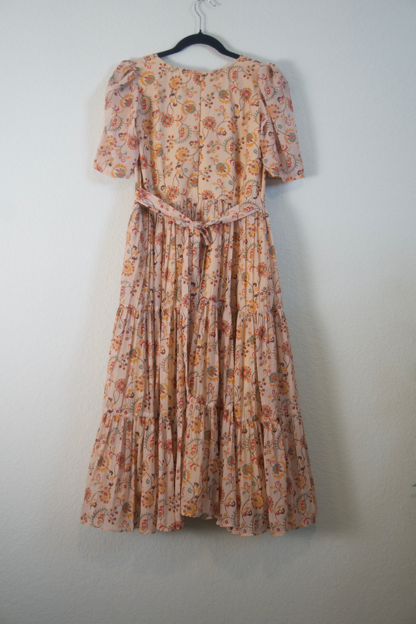 Biege Floral Georgette 3 tier frock with elbow sleeves