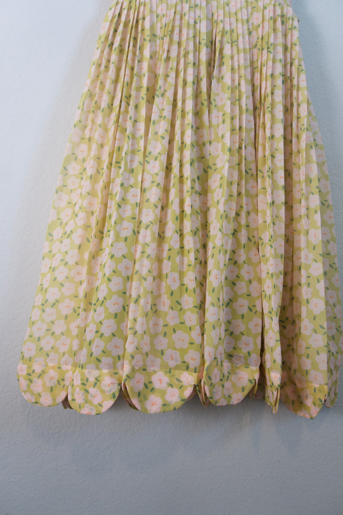 Mehendi Green Floral Georgette Scallop flare frock with short scallop sleeves
