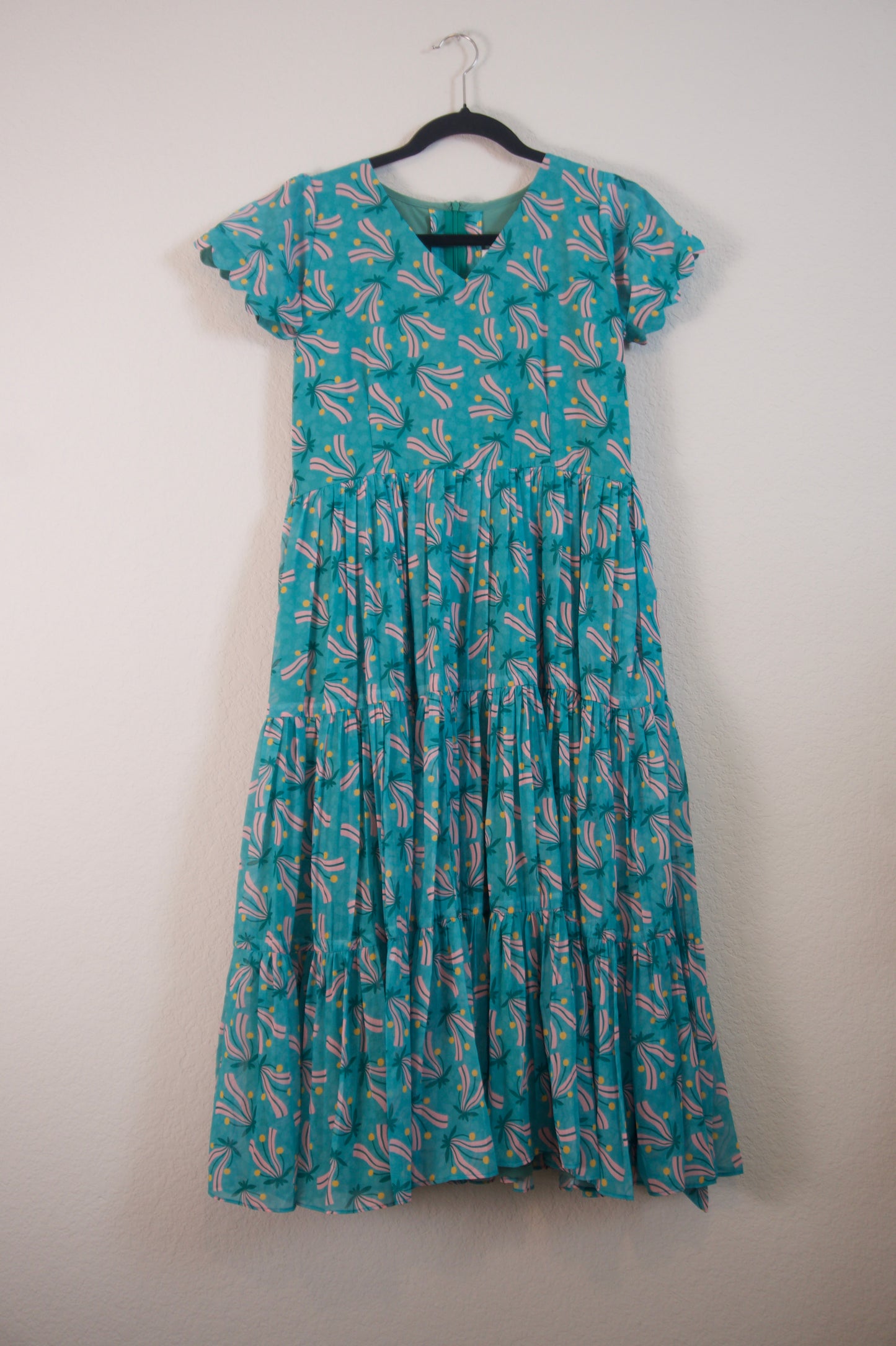 Teal Green Floral Georgette 3 tier frock with short scallop sleeves