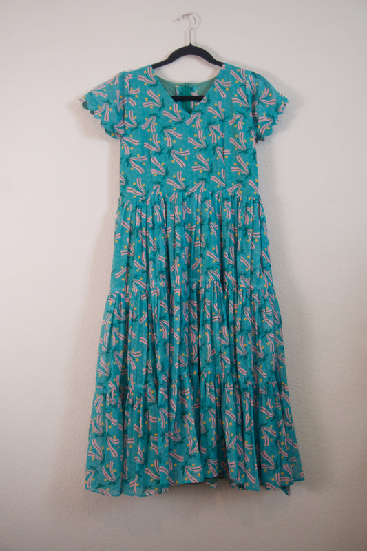 Teal Green Floral Georgette 3 tier frock with short scallop sleeves