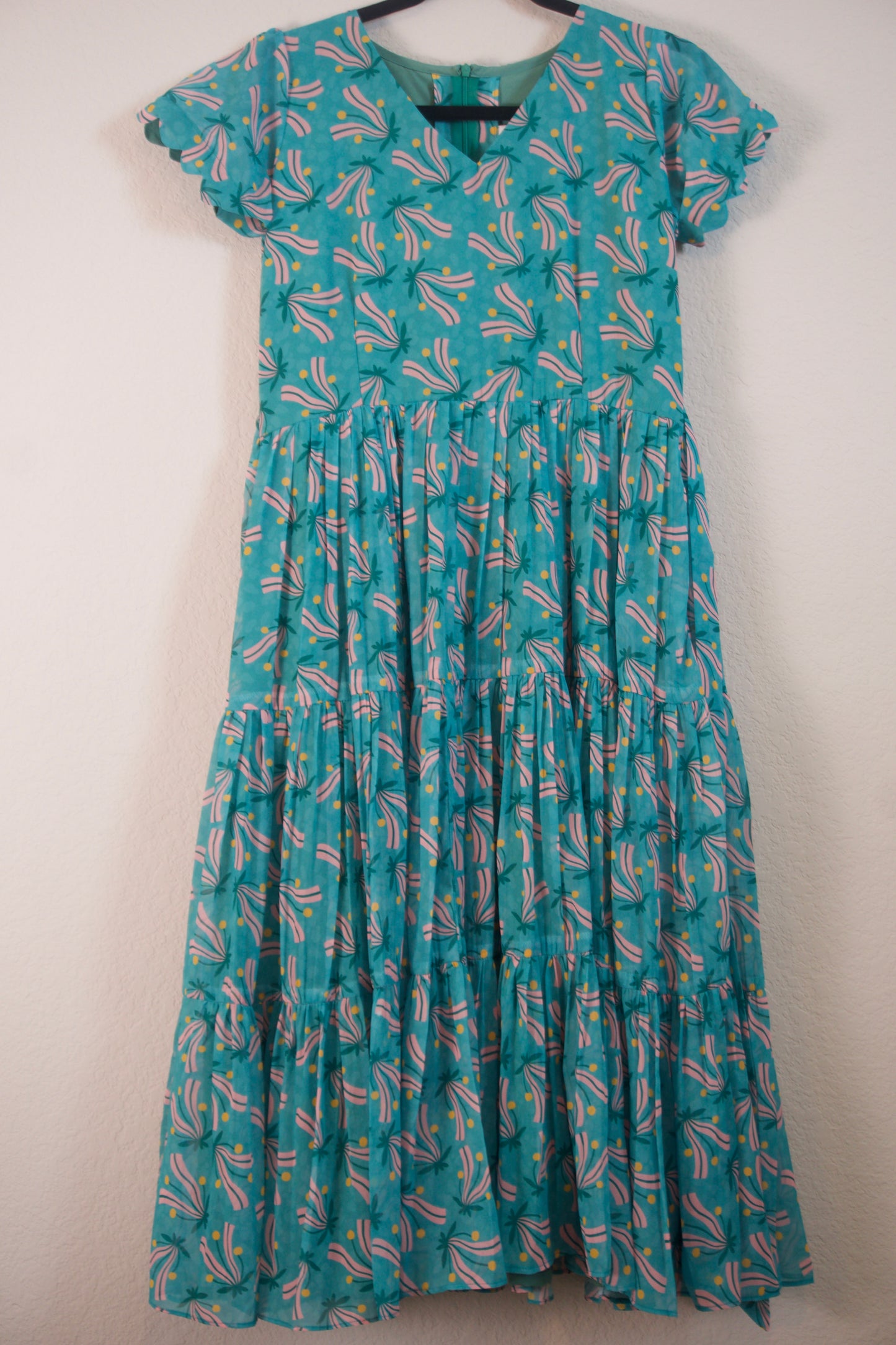 Teal Green Floral Georgette 3 tier frock with short scallop sleeves