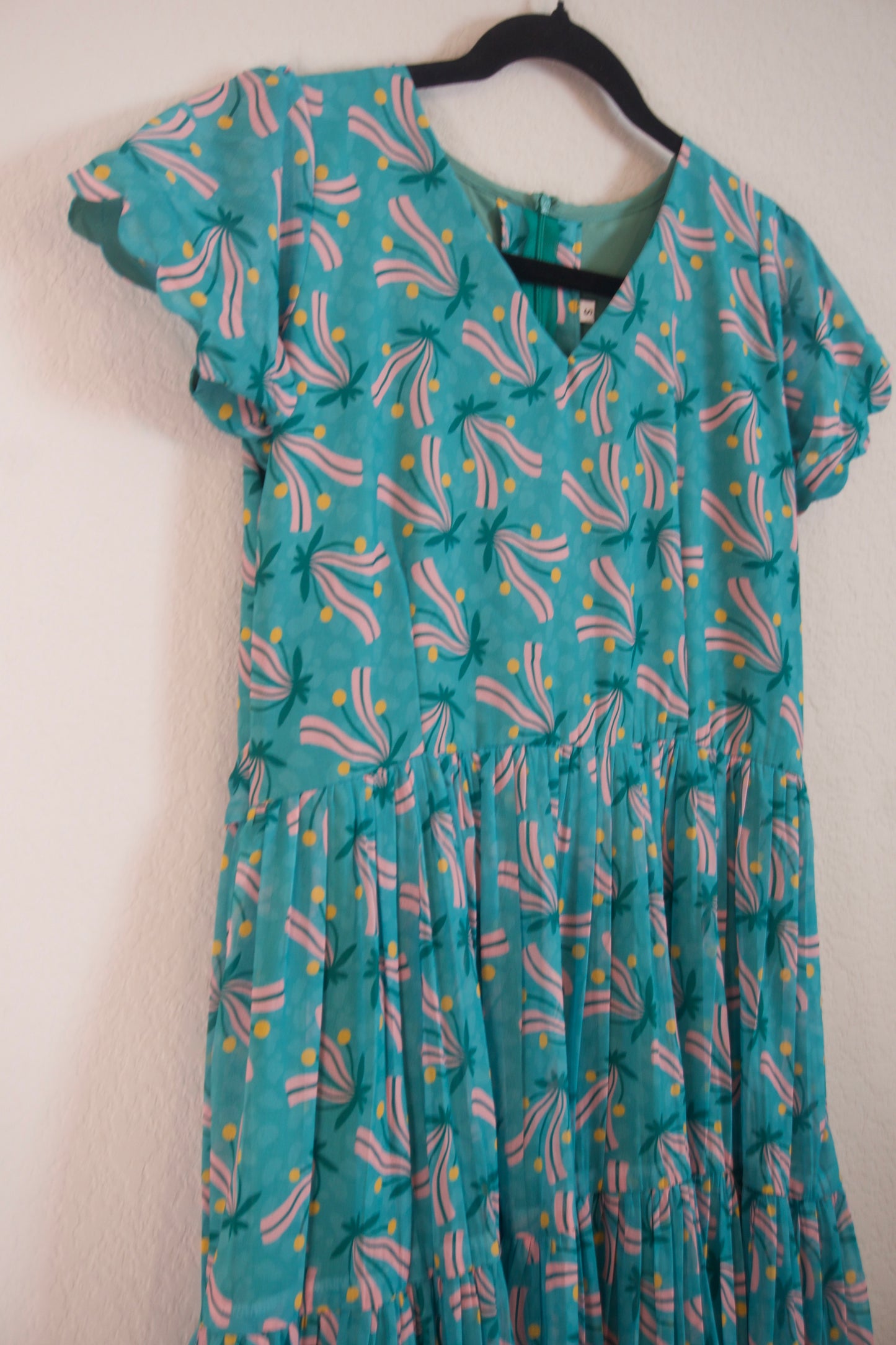 Teal Green Floral Georgette 3 tier frock with short scallop sleeves