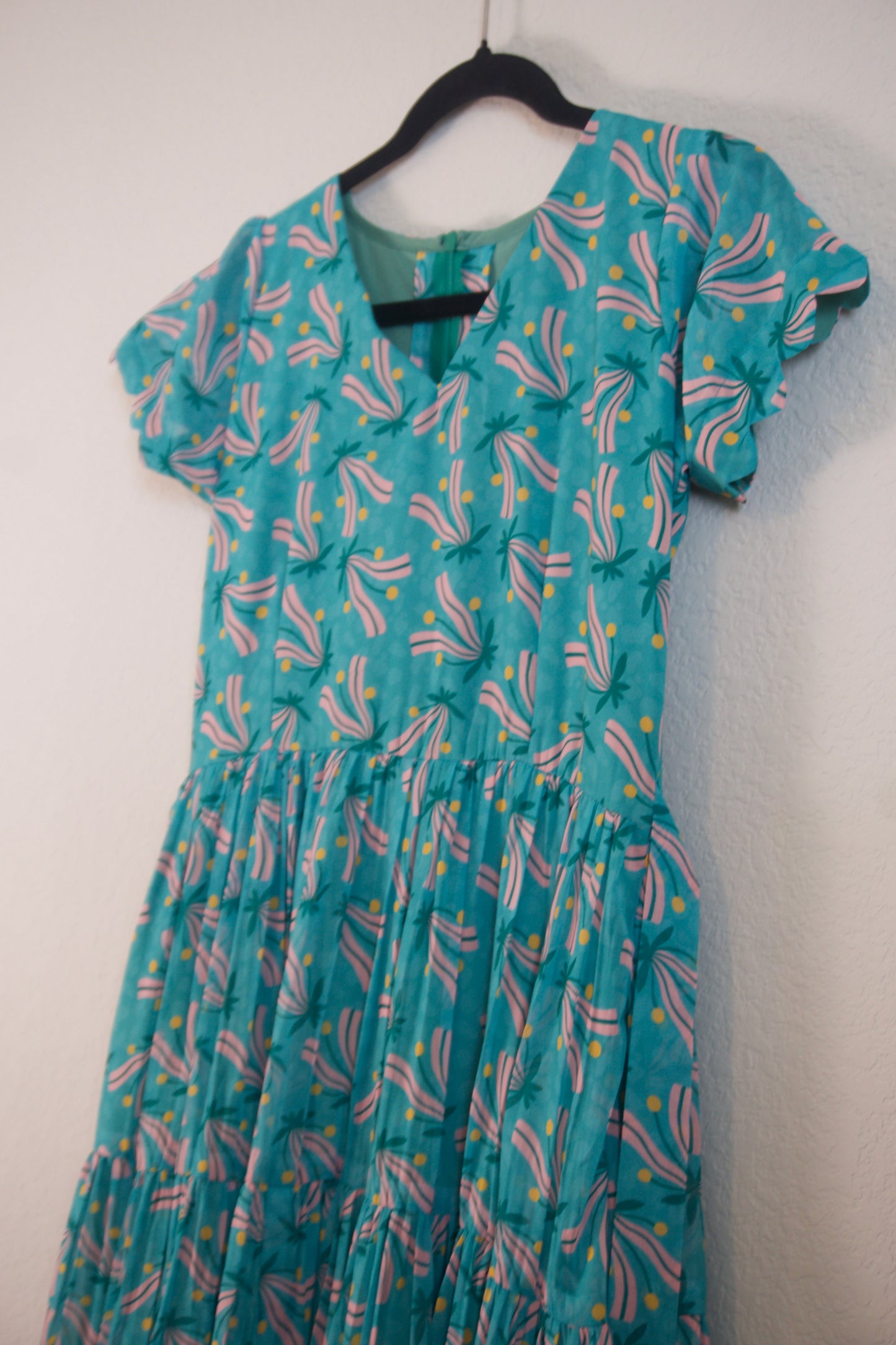 Teal Green Floral Georgette 3 tier frock with short scallop sleeves