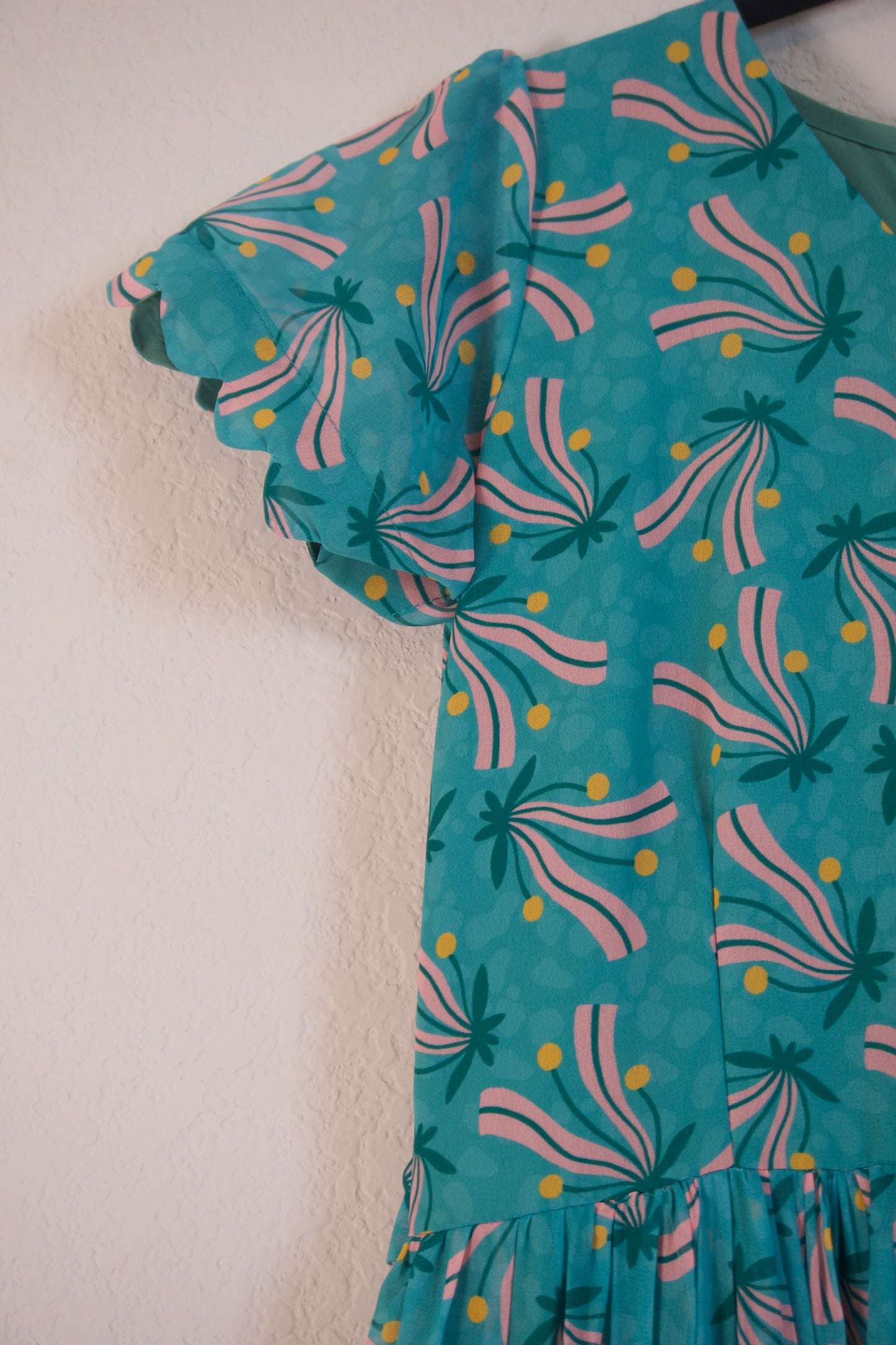 Teal Green Floral Georgette 3 tier frock with short scallop sleeves