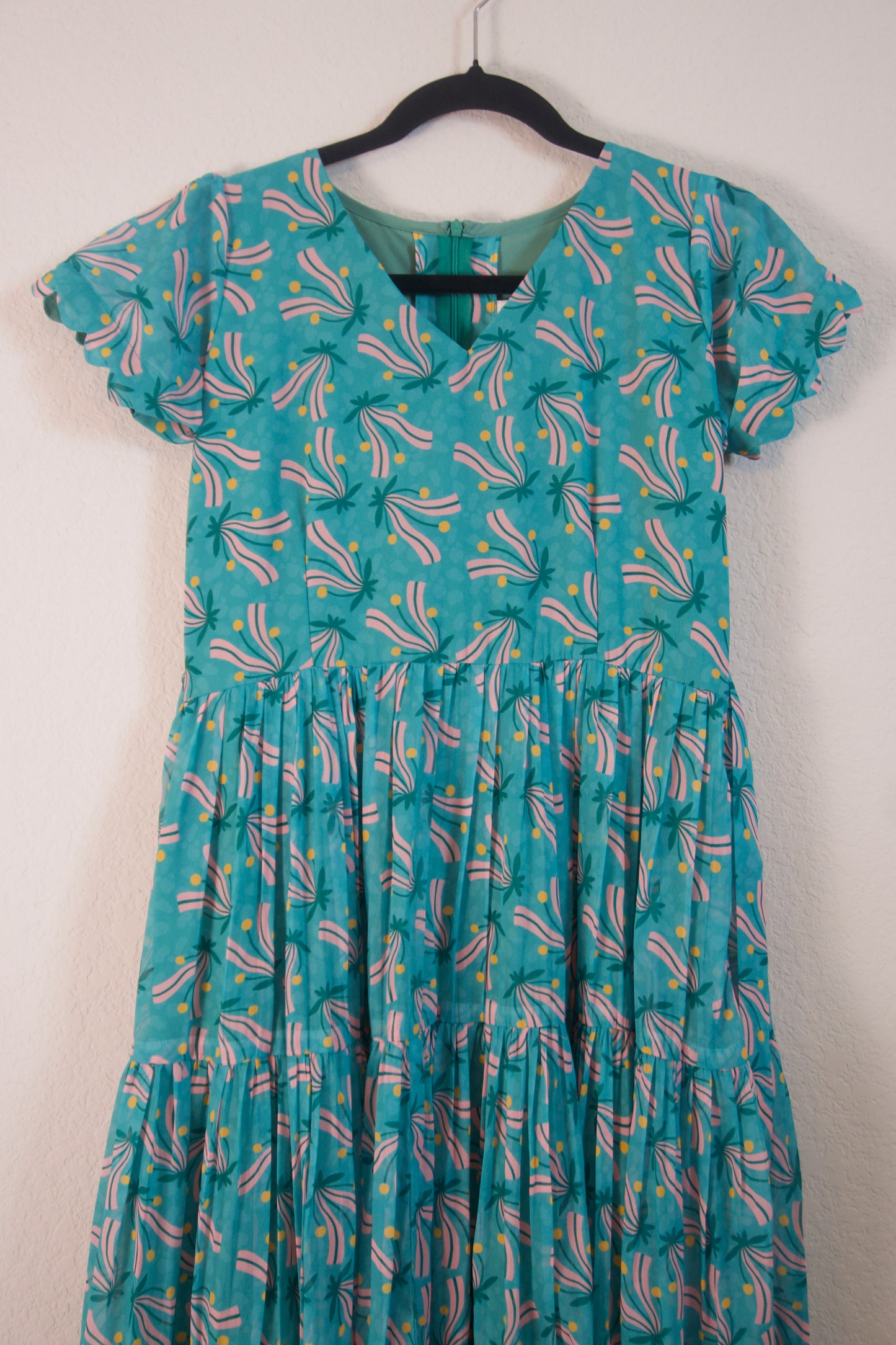 Teal Green Floral Georgette 3 tier frock with short scallop sleeves