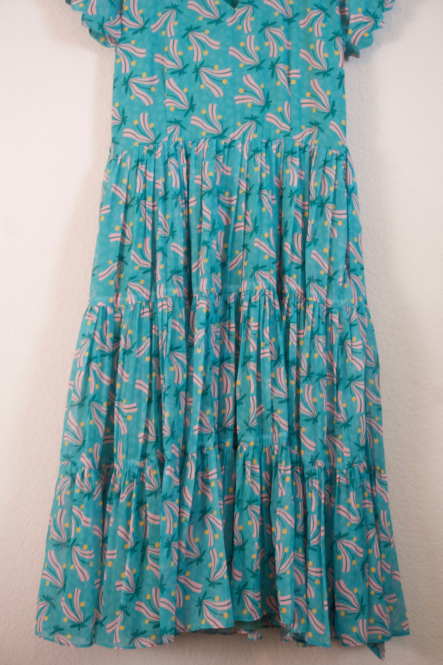 Teal Green Floral Georgette 3 tier frock with short scallop sleeves