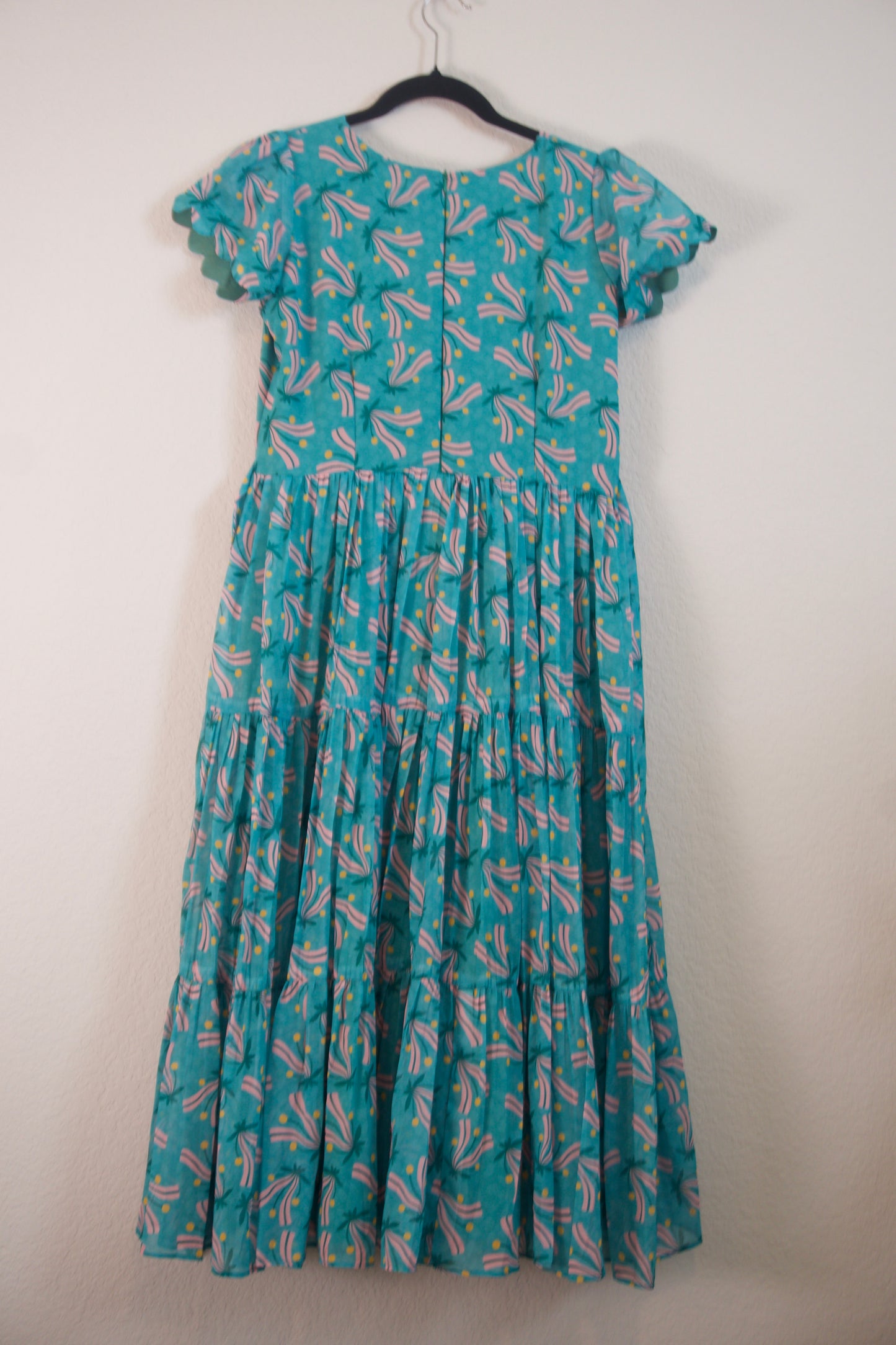 Teal Green Floral Georgette 3 tier frock with short scallop sleeves