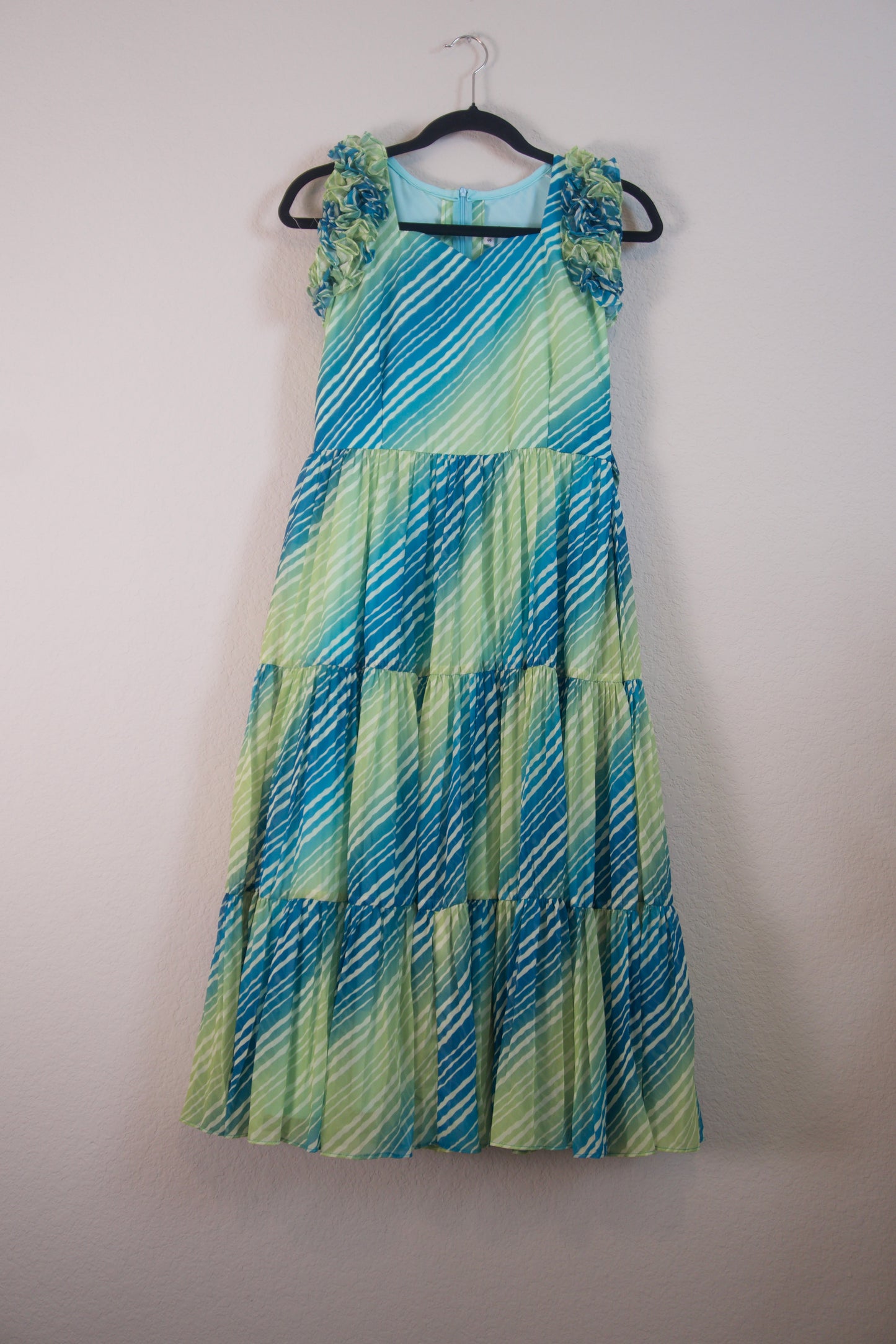 Green Lehariya Georgette 3 tier frock sleeveless style