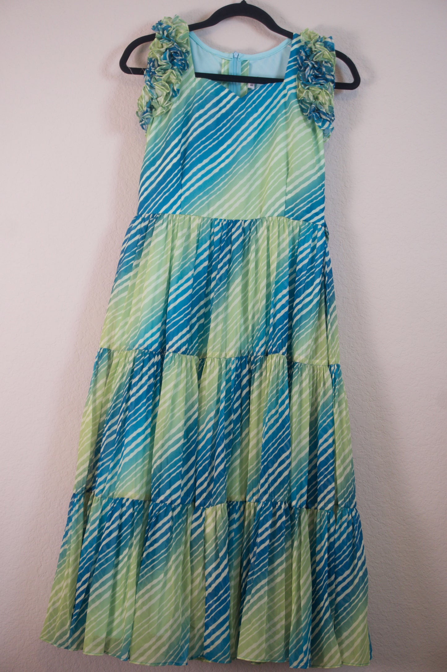 Green Lehariya Georgette 3 tier frock sleeveless style