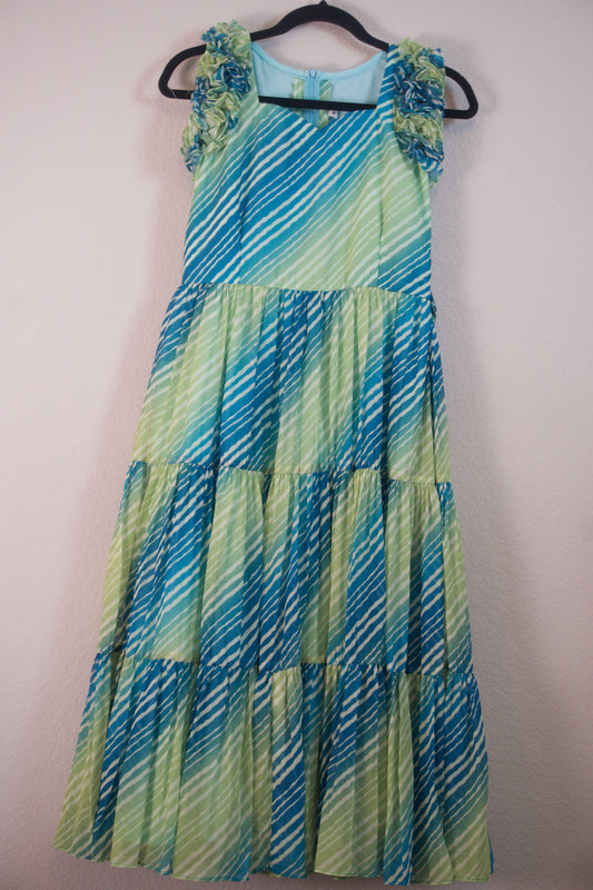 Green Lehariya Georgette 3 tier frock sleeveless style