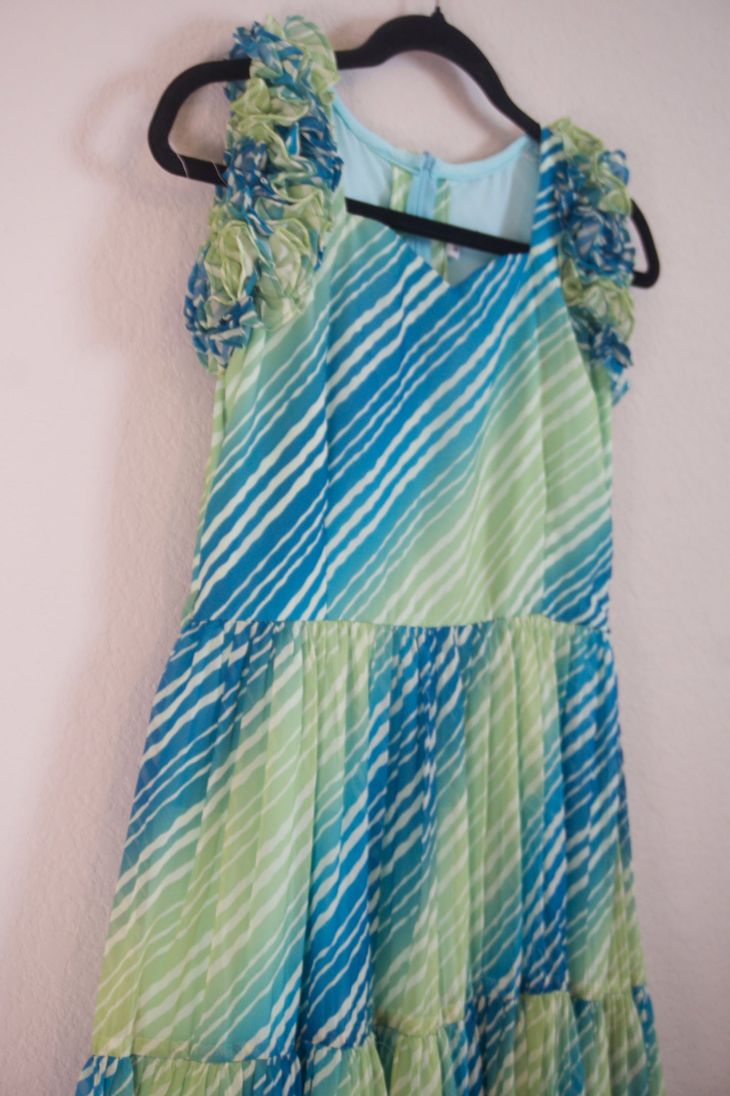 Green Lehariya Georgette 3 tier frock sleeveless style