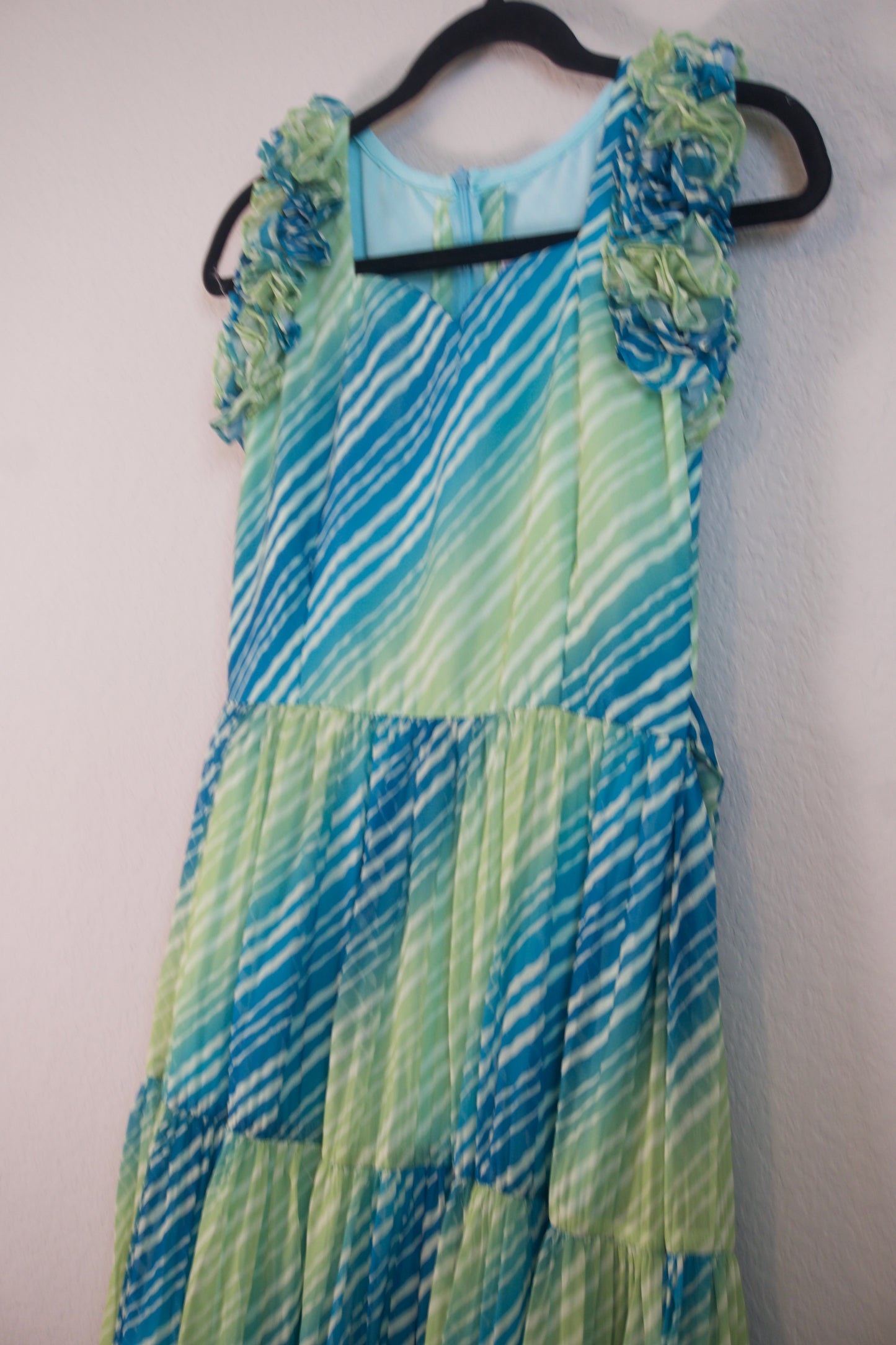 Green Lehariya Georgette 3 tier frock sleeveless style