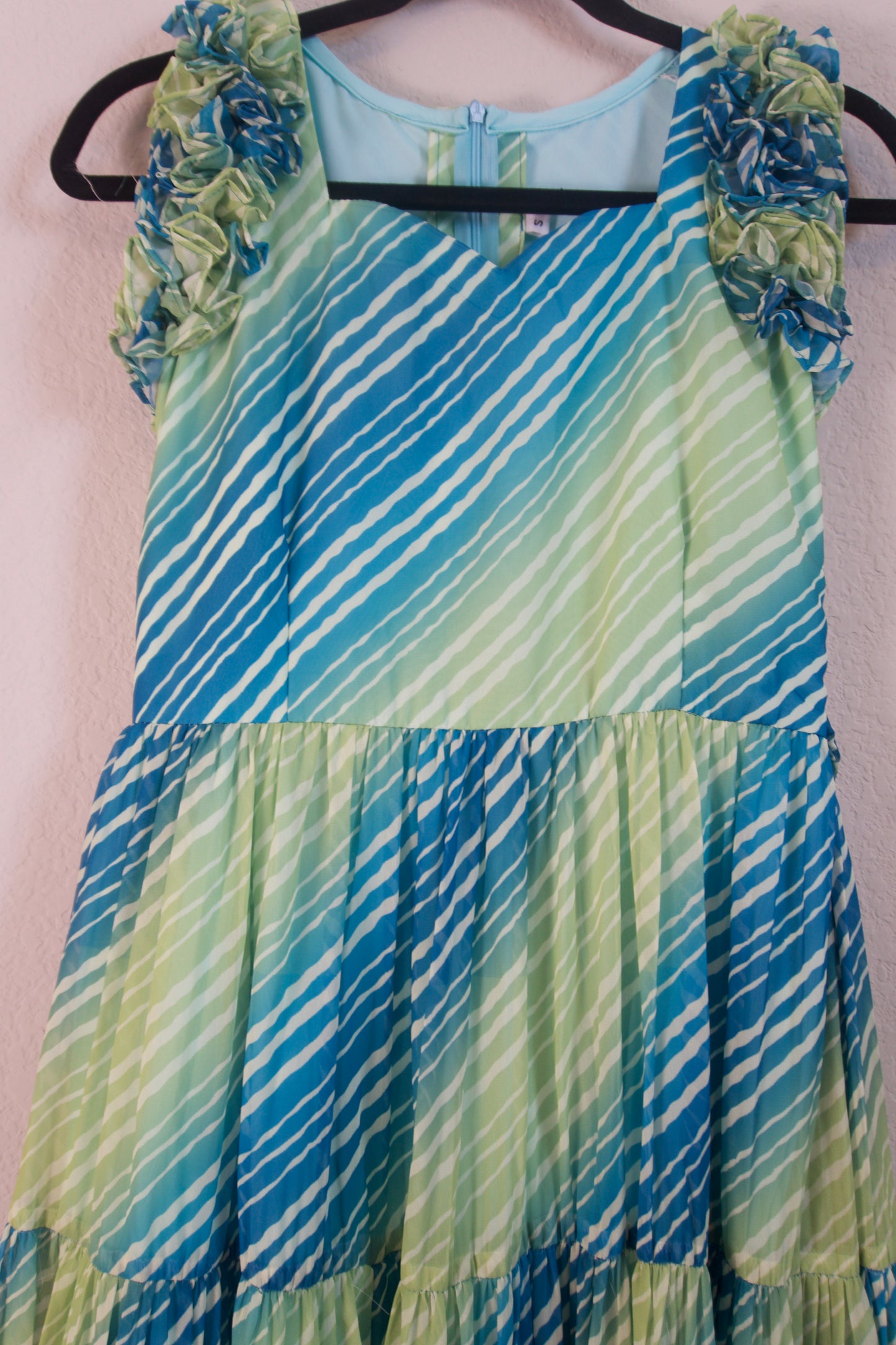 Green Lehariya Georgette 3 tier frock sleeveless style