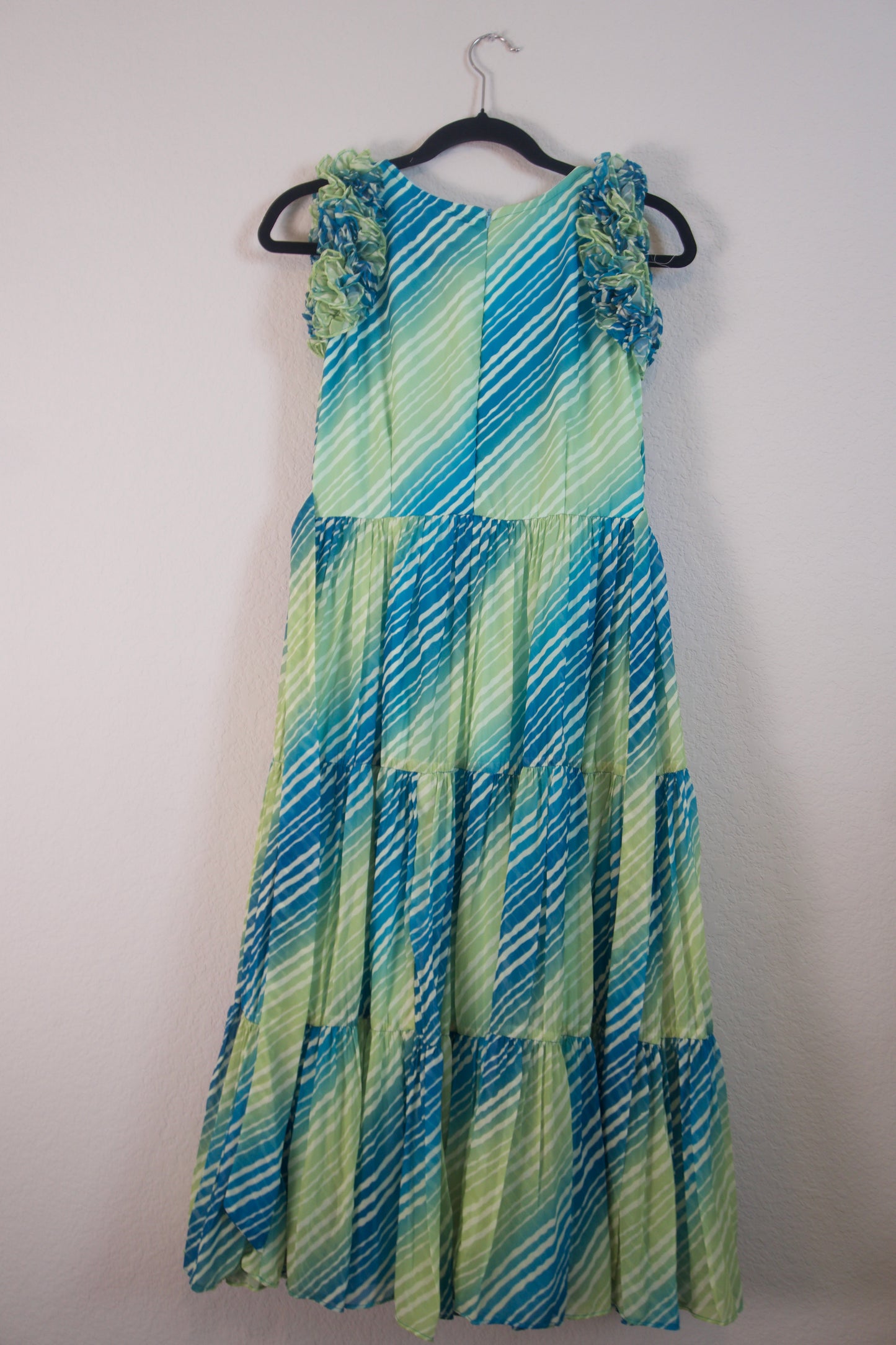 Green Lehariya Georgette 3 tier frock sleeveless style