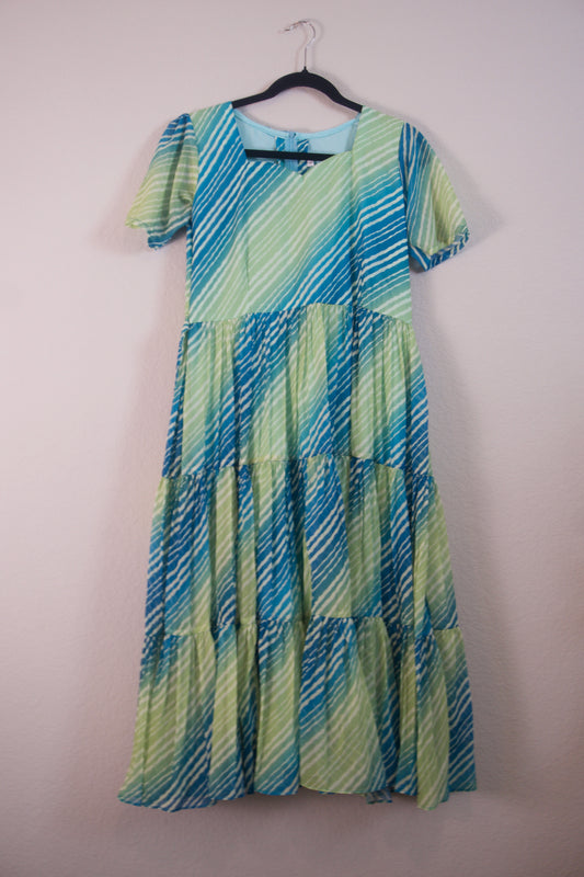 Green Lehariya Georgette 3 tier frock with elbow sleeves